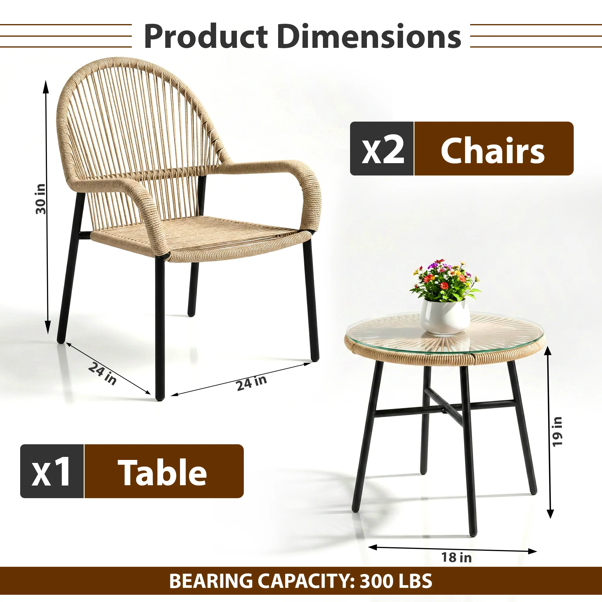 Kivas Outdoor Patio Seating Set 2 Chairs and 1 Table Set (Beige) Braided & Rope - Image 3