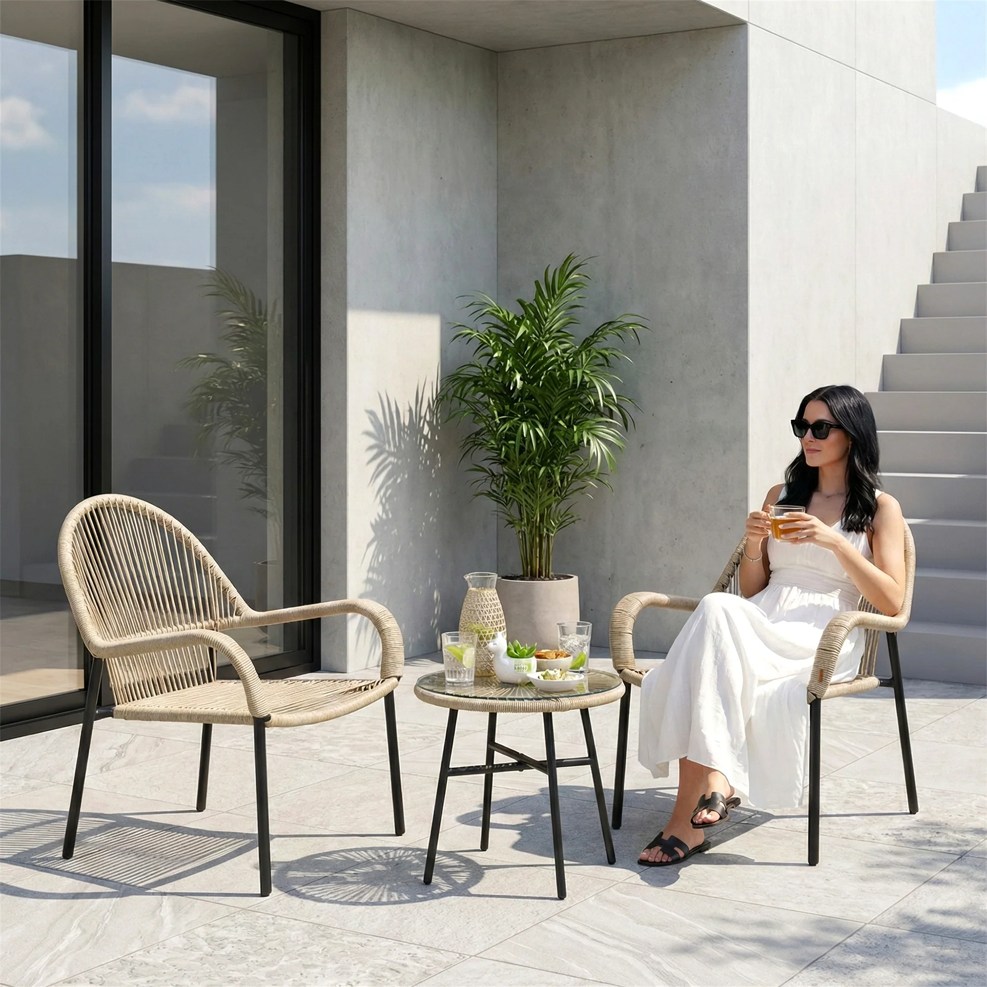 Kivas Outdoor Patio Seating Set 2 Chairs and 1 Table Set (Beige) Braided & Rope - Image 4