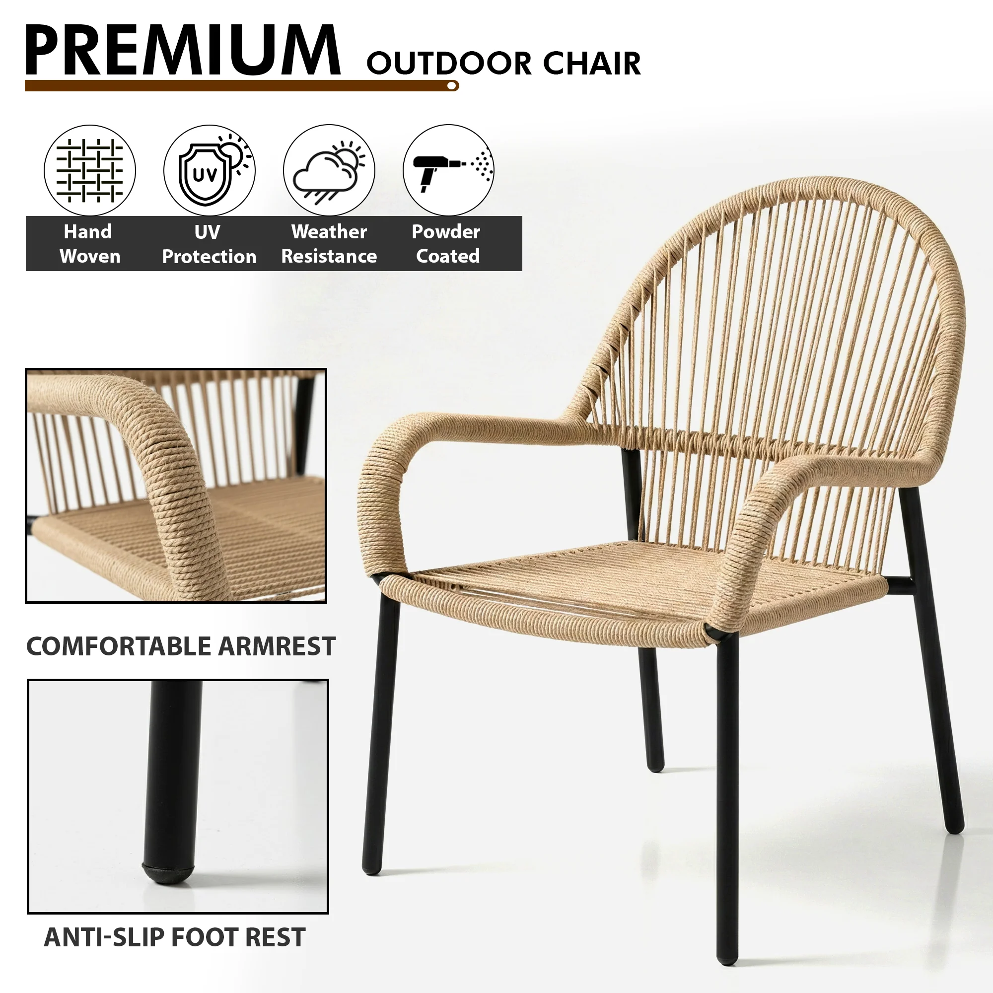Kivas Outdoor Patio Seating Set 2 Chairs and 1 Table Set (Beige) Braided & Rope - Image 5