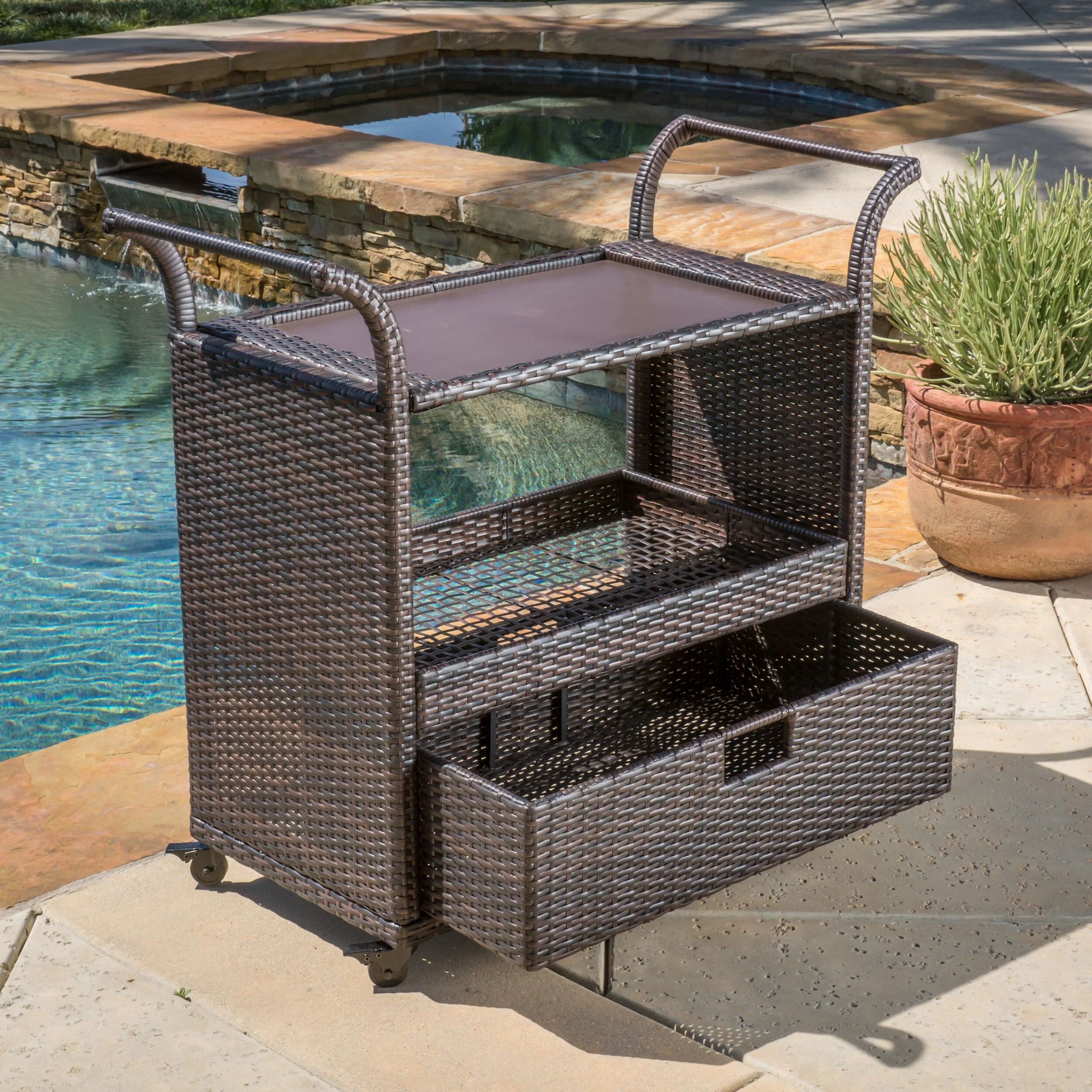 KNOX Outdoor Patio Bar Serving Cart (Dark Brown) - Image 3