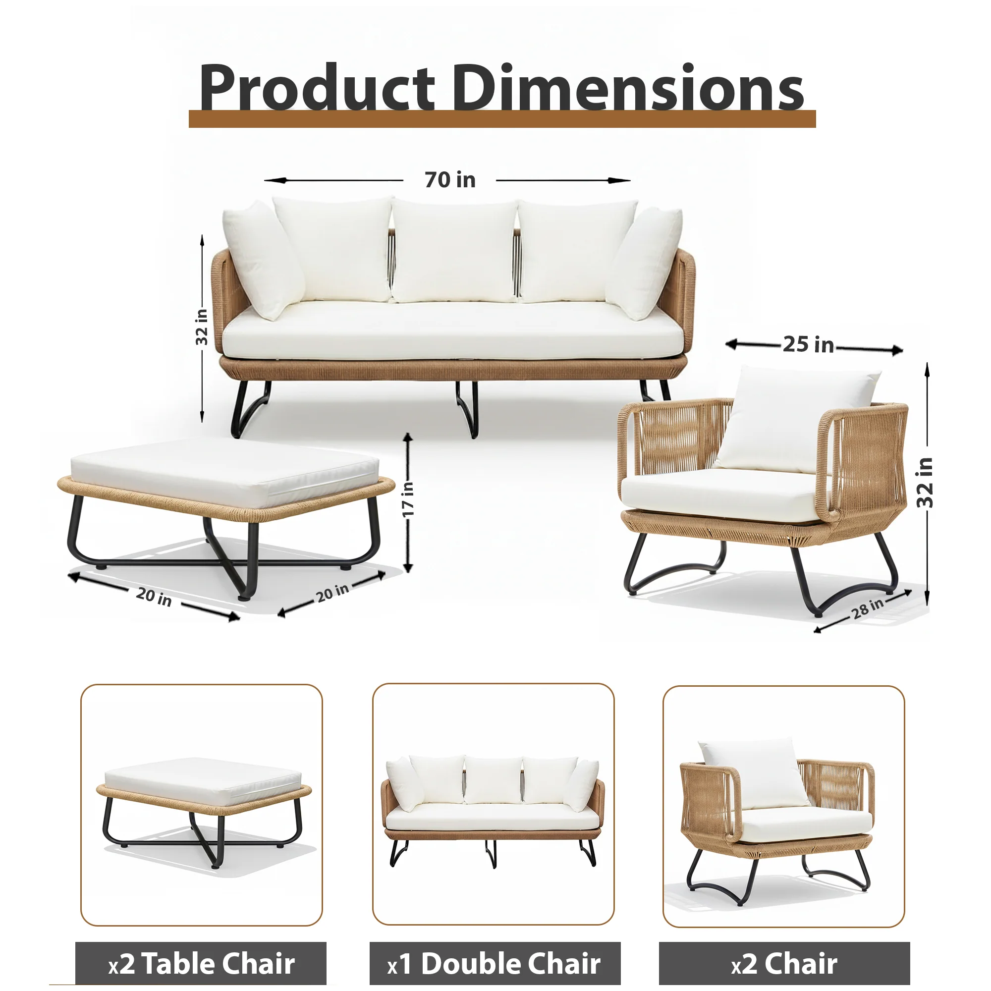 Kuub Outdoor Sofa Set 3 Seater, 2 Single seater,2 Ottoman(Beige) Braided and Rope - Image 9