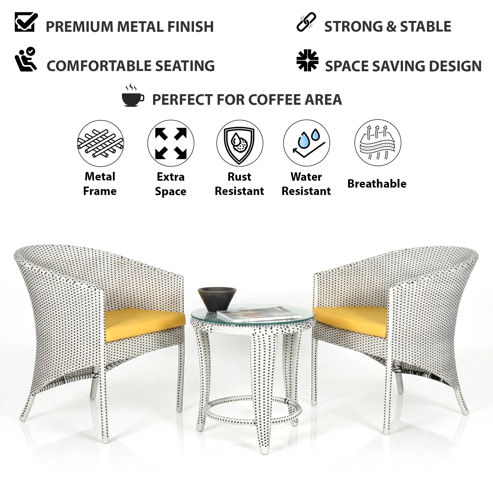 Kuush Outdoor Patio Seating Set 2 Chairs and 1 table Set (White and black) - Image 7