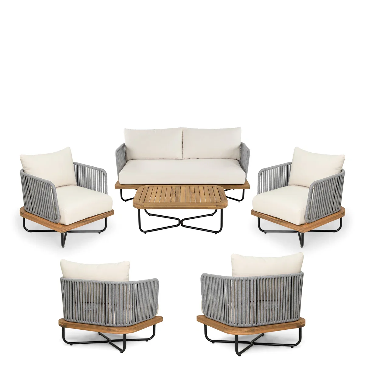 Logema Outdoor Garden Balcony Sofa Set 2 Seater,4 Single Seater With 1 Table Set, Braid & Rope (Grey) - Image 3