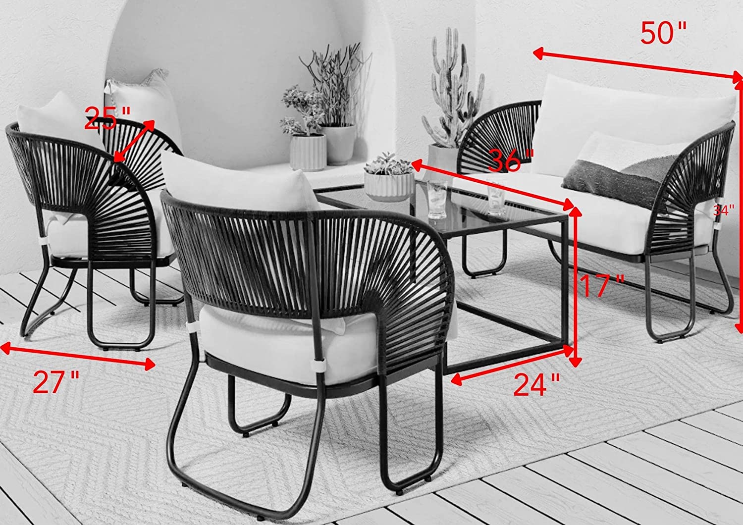 Lucas Outdoor Sofa Set 2 Seater , 2 Single seater and 1 Center Table Set (Black) Braided & Rope - Image 4