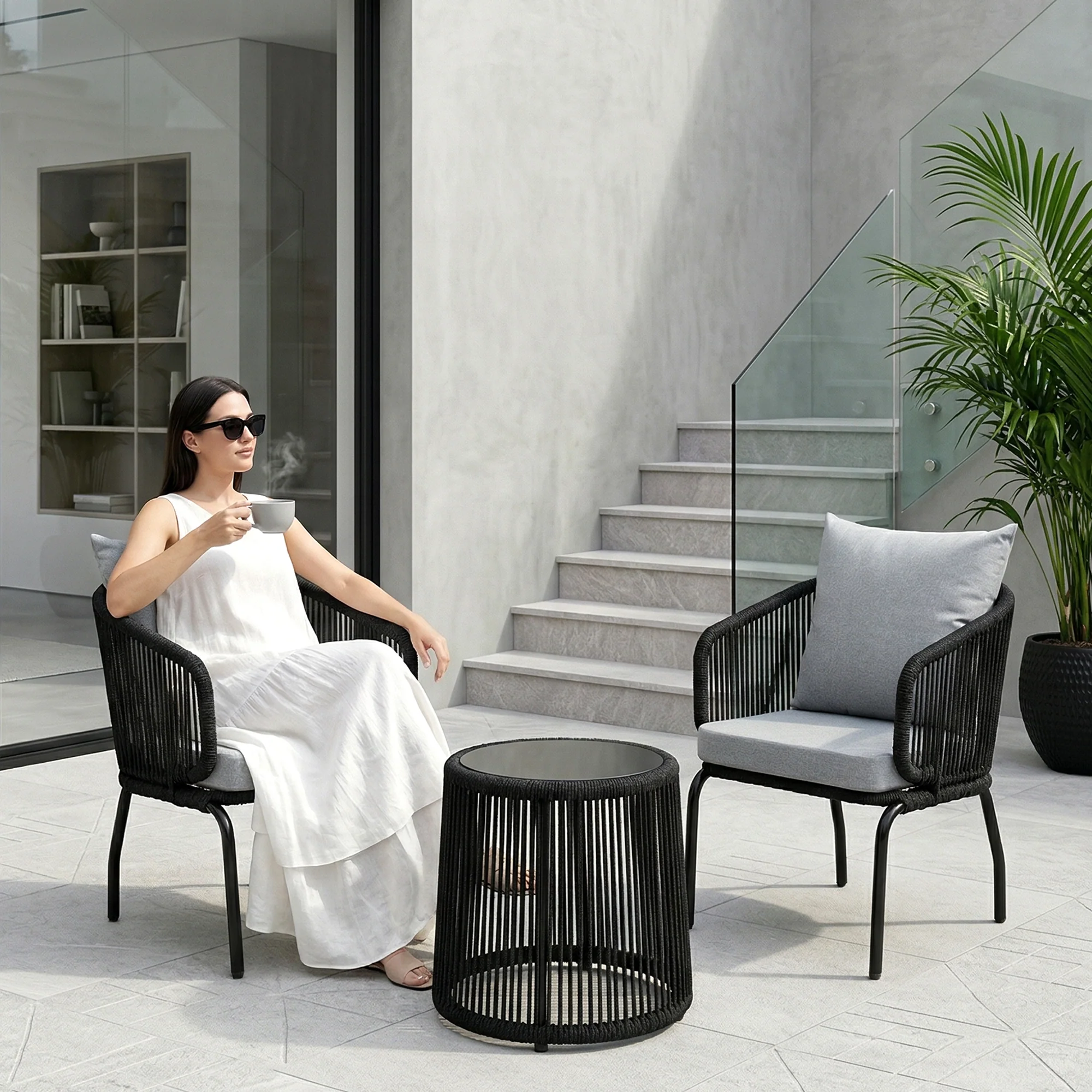 Luigi Outdoor Patio Seating Set 2 Chairs and 1 Table Set (Black) Braided & Rope - Image 2