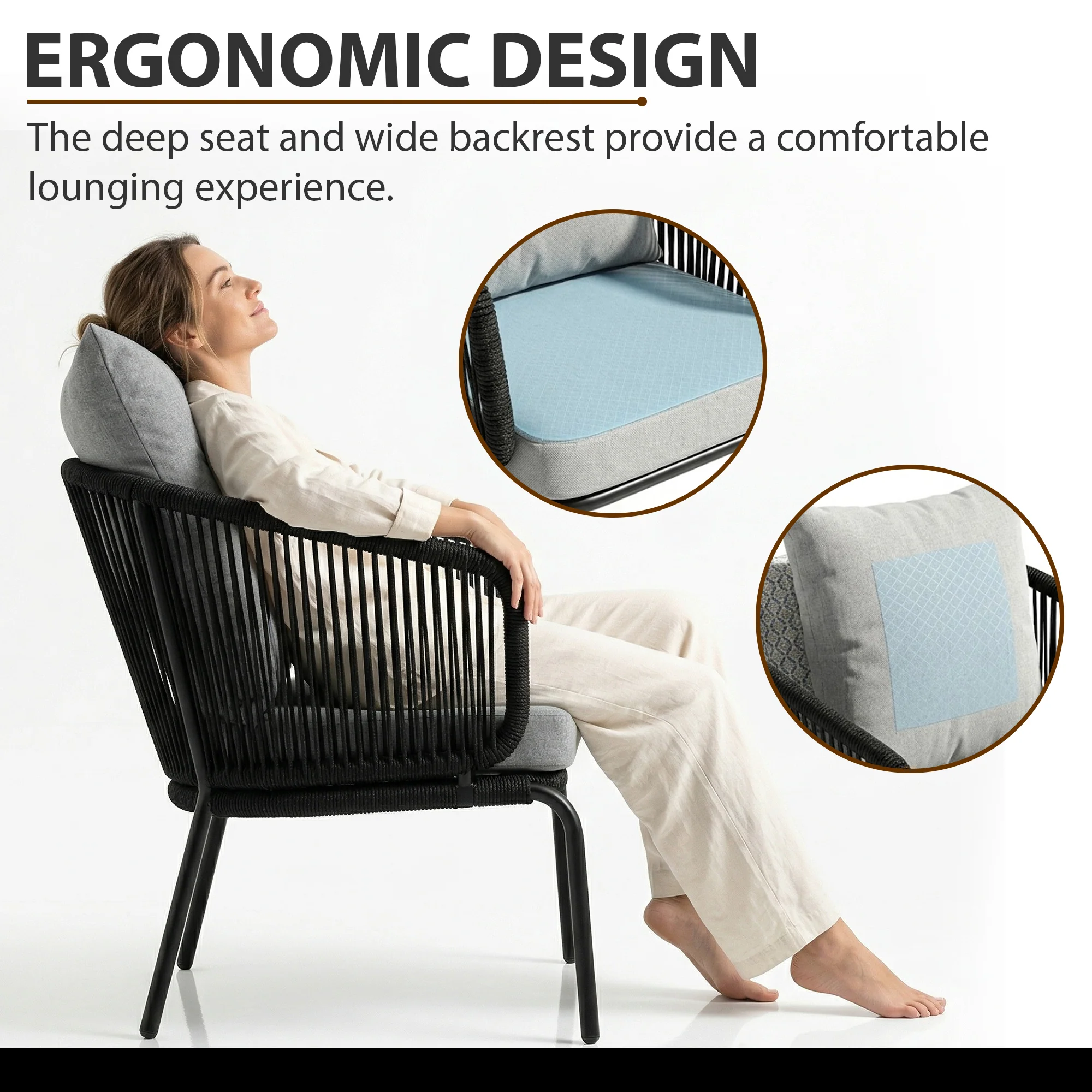 Luigi Outdoor Patio Seating Set 2 Chairs and 1 Table Set (Black) Braided & Rope - Image 3