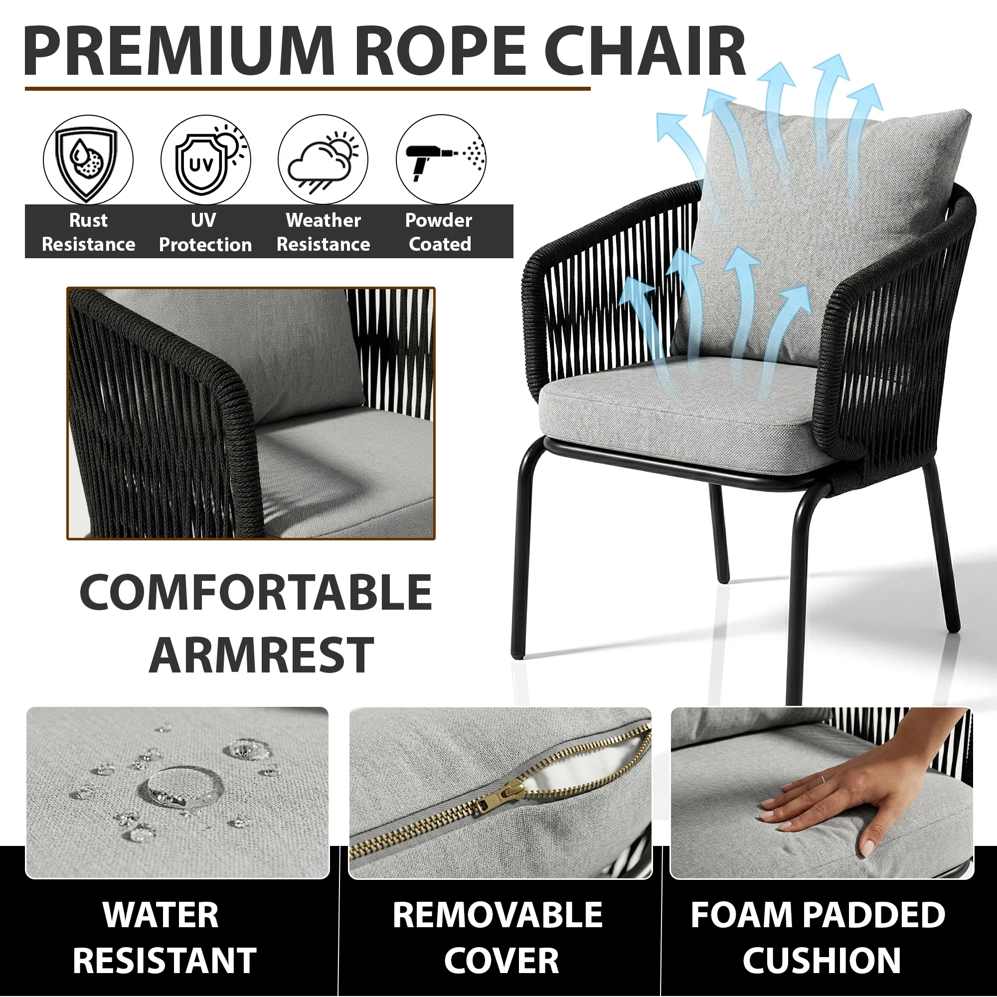 Luigi Outdoor Patio Seating Set 2 Chairs and 1 Table Set (Black) Braided & Rope - Image 4
