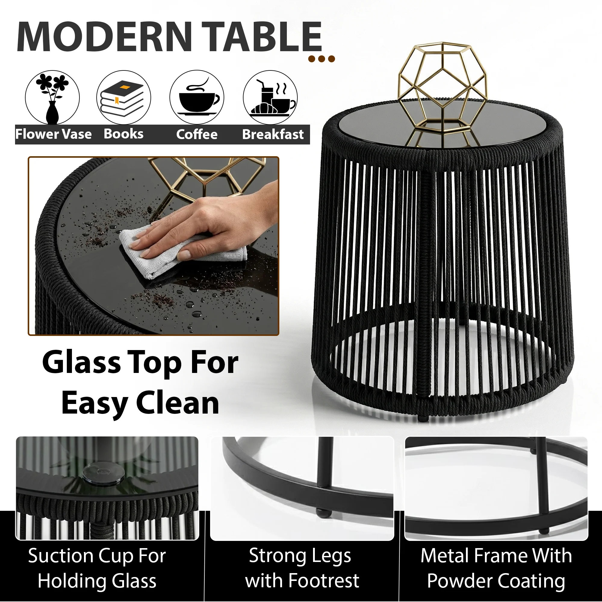 Luigi Outdoor Patio Seating Set 2 Chairs and 1 Table Set (Black) Braided & Rope - Image 5