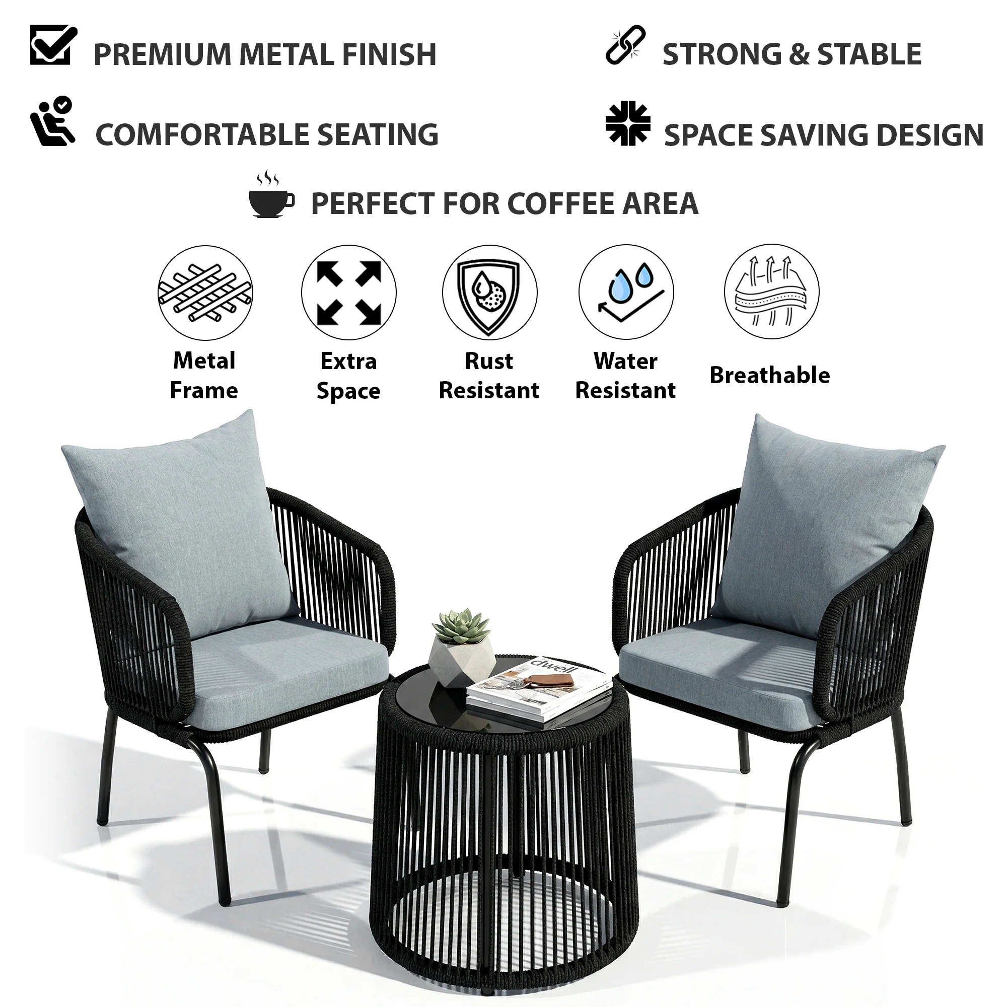 Luigi Outdoor Patio Seating Set 2 Chairs and 1 Table Set (Black) Braided & Rope - Image 6
