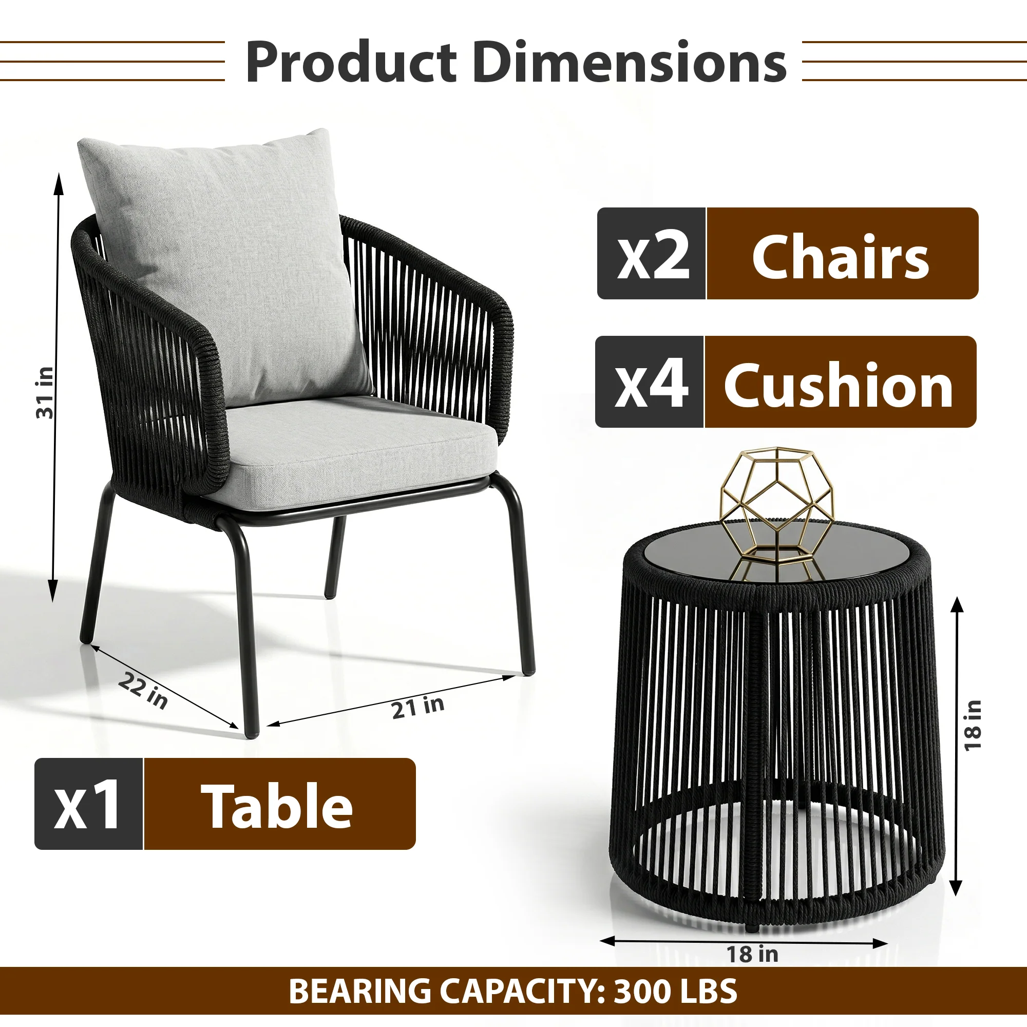 Luigi Outdoor Patio Seating Set 2 Chairs and 1 Table Set (Black) Braided & Rope - Image 7