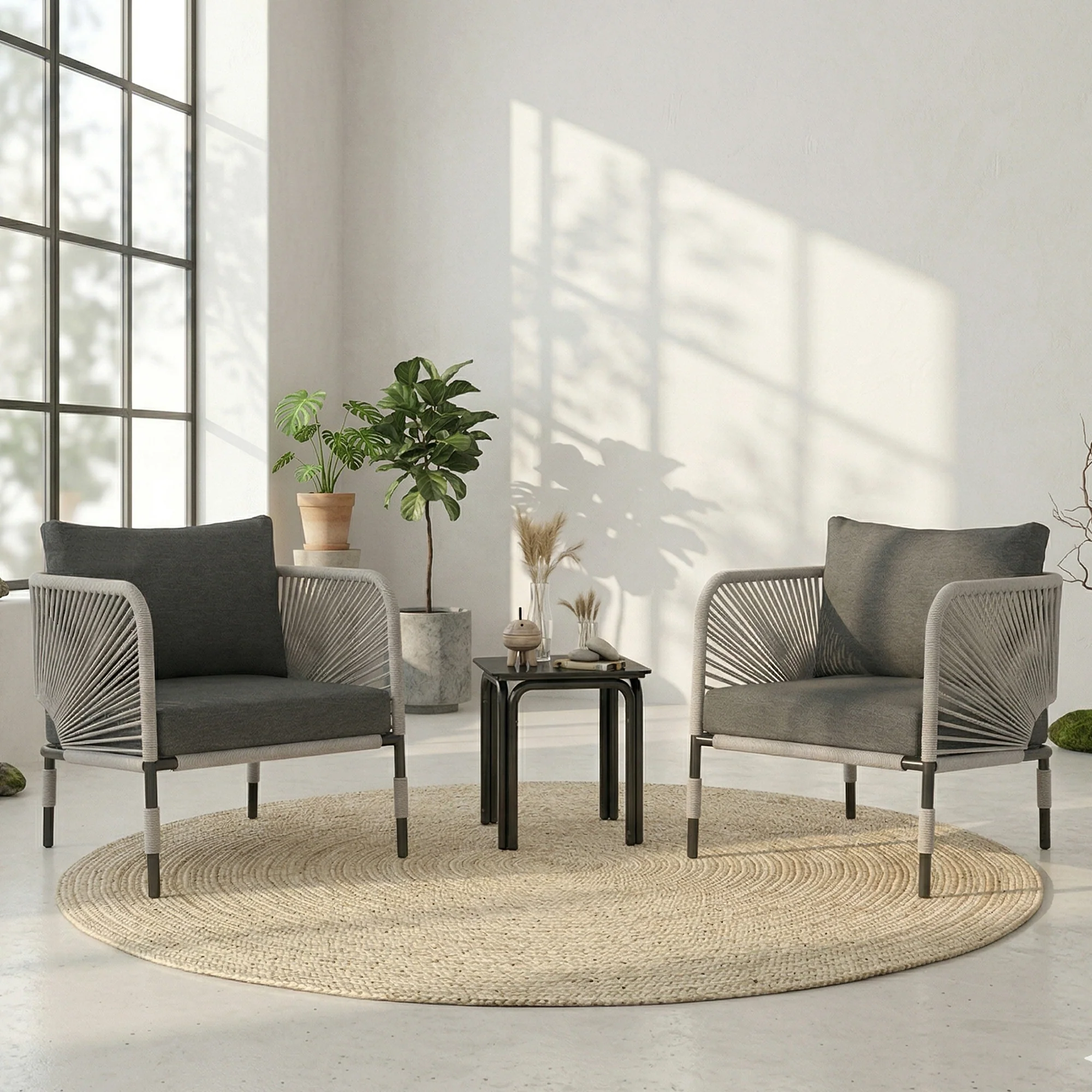 Madera Outdoor Patio Seating Set 2 Chairs and 1 Table Set Braided & Rope - Image 10
