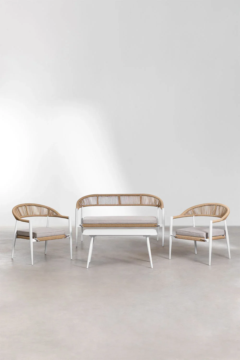 Marianela Outdoor Sofa Set 2 Seater, 2 Single seater and 1 Center Table Set (White) Braided & Rope - Image 2