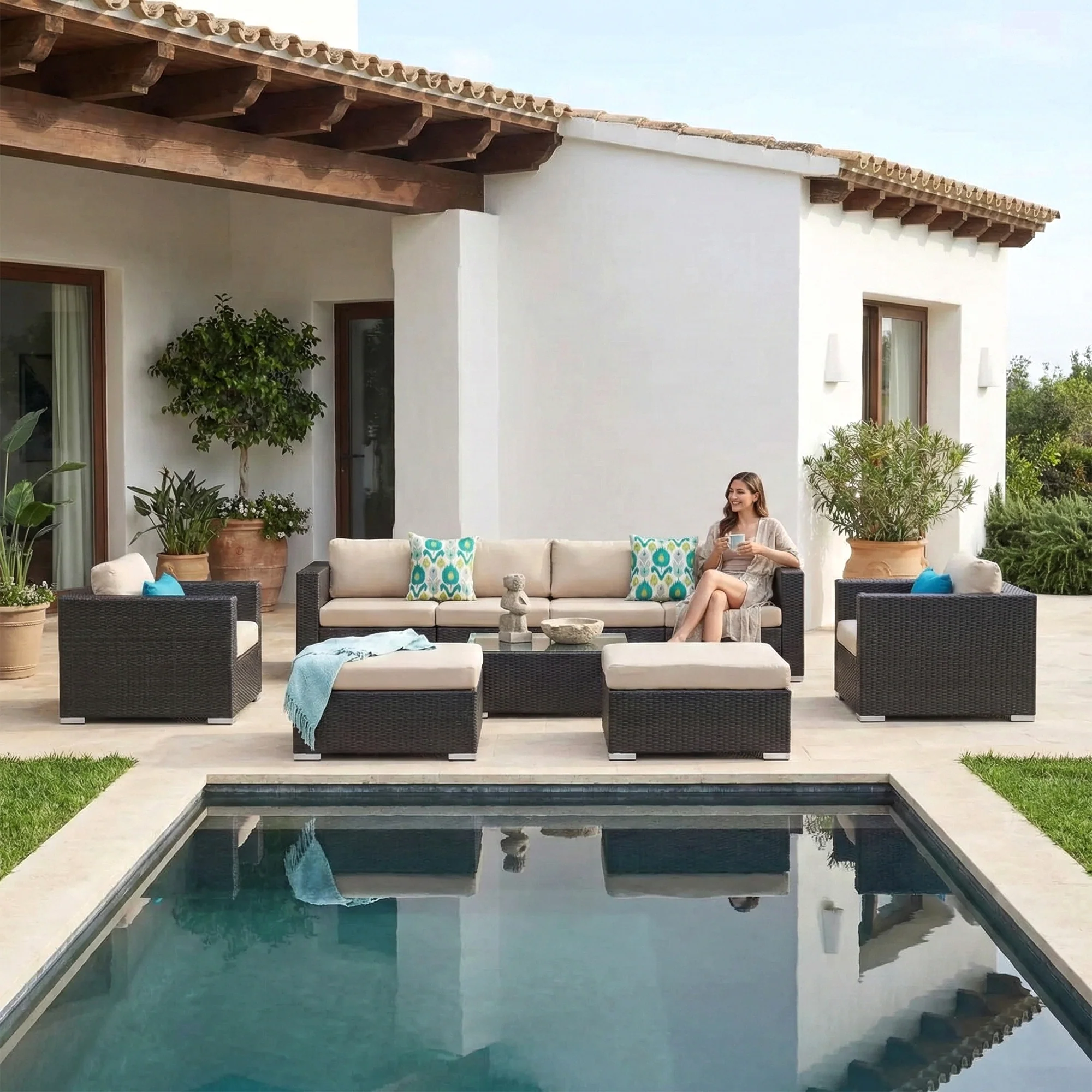 Mimi Outdoor Garden Balcony Sofa Set  4 Seater, 2 Single Seater with 2 ottoman and 1 Center Table Set (Brown) - Image 3