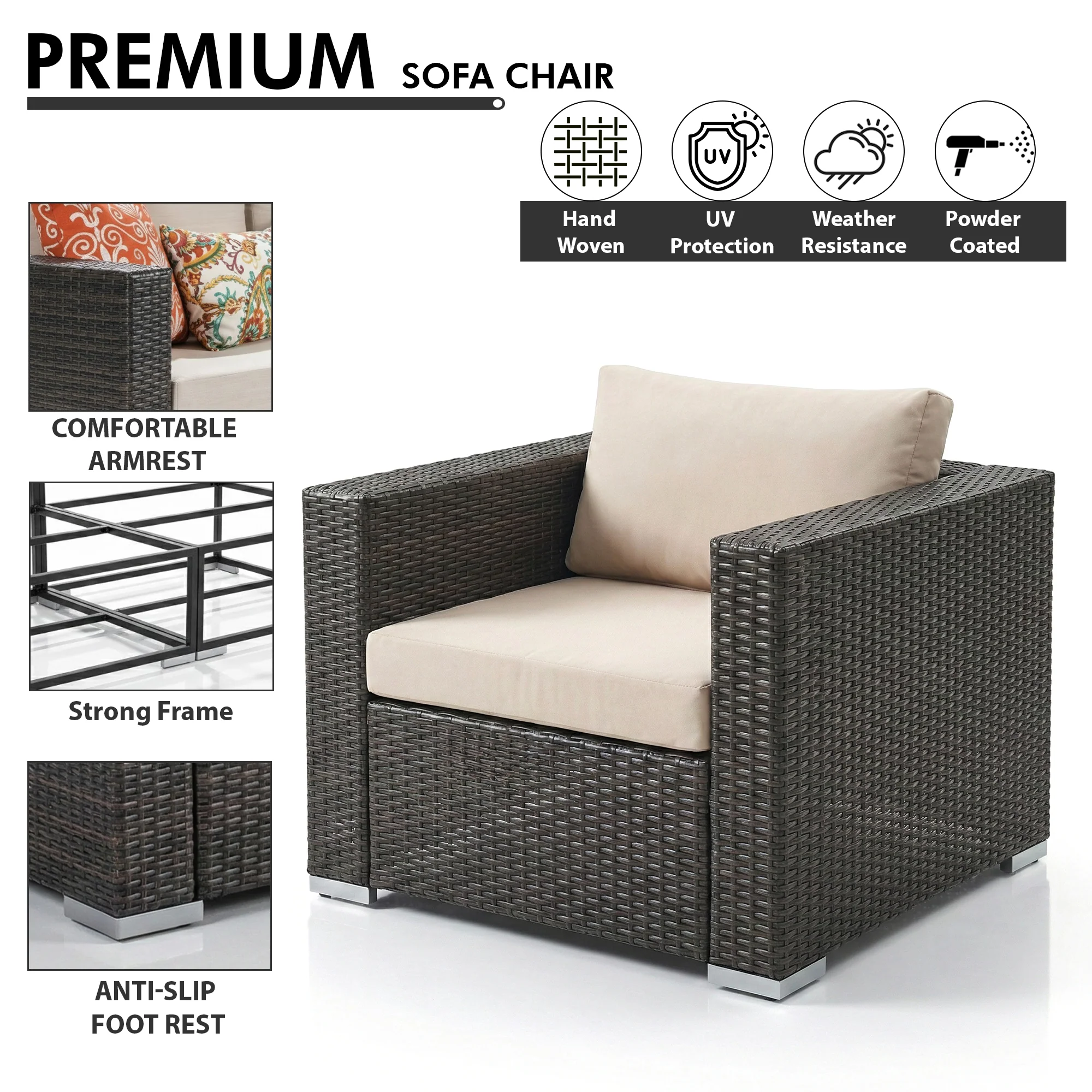 Mimi Outdoor Garden Balcony Sofa Set  4 Seater, 2 Single Seater with 2 ottoman and 1 Center Table Set (Brown) - Image 4