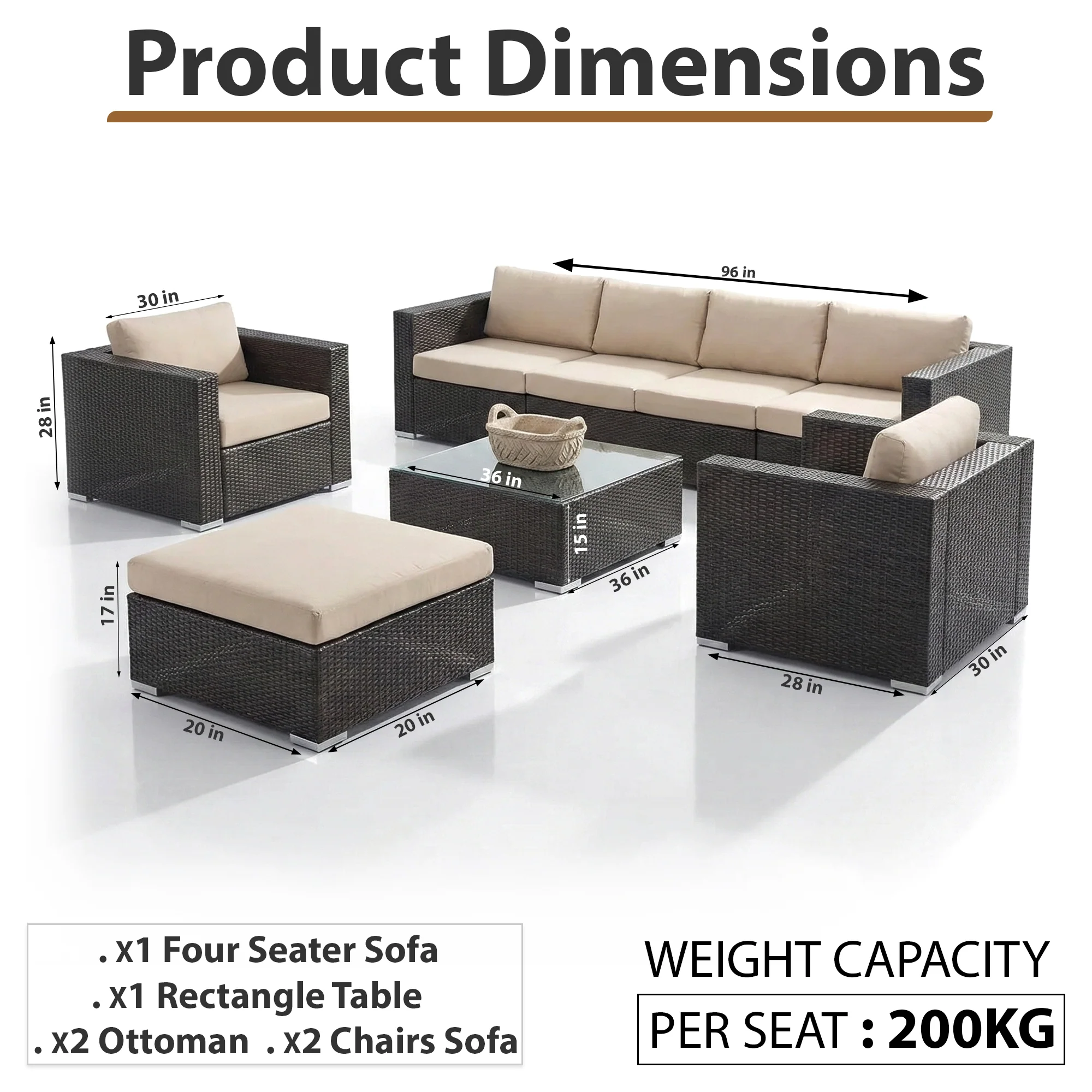 Mimi Outdoor Garden Balcony Sofa Set  4 Seater, 2 Single Seater with 2 ottoman and 1 Center Table Set (Brown) - Image 7
