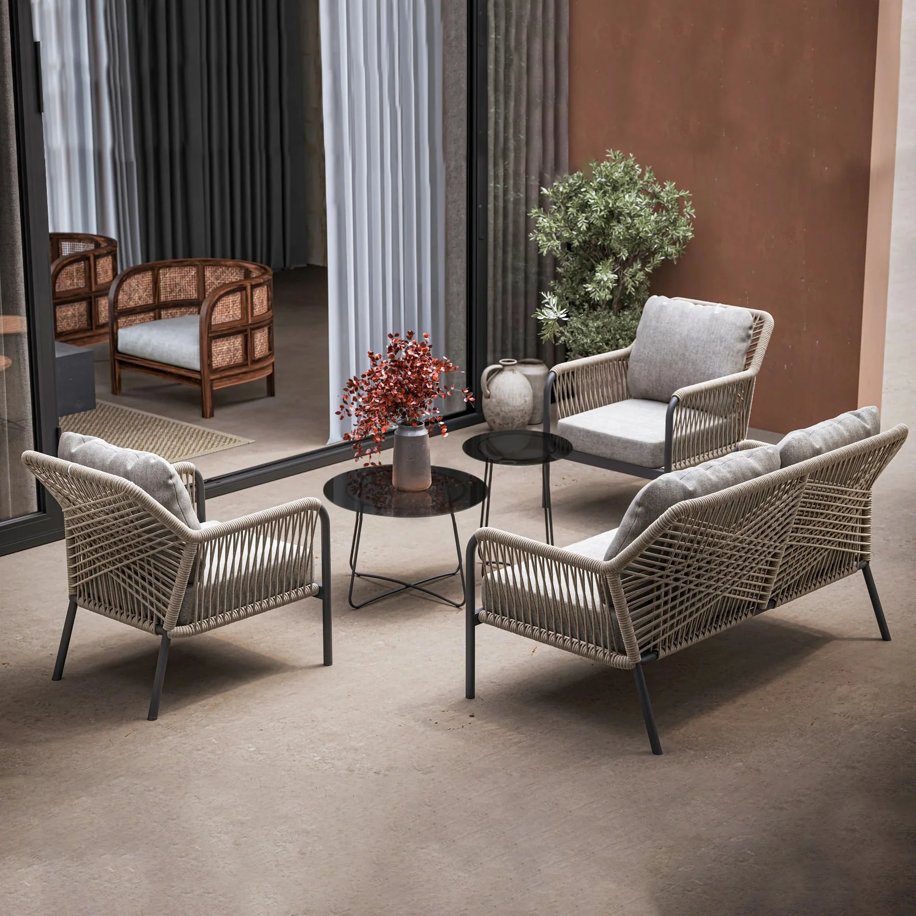 Morvos Outdoor Garden Balcony Sofa Set 2 Seater,2 Single seater and 2 Center Table Set (Beige)