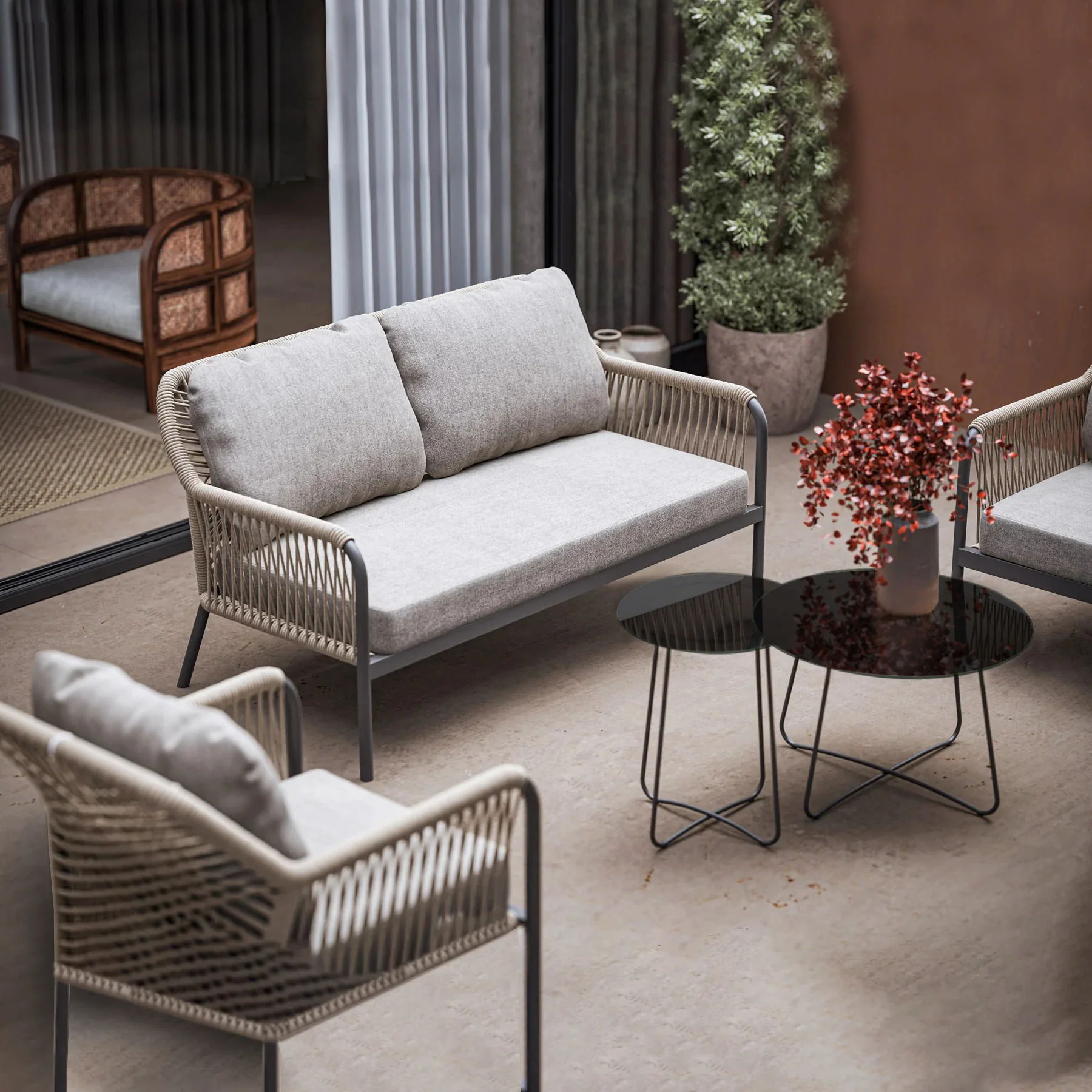 Morvos Outdoor Garden Balcony Sofa Set 2 Seater,2 Single seater and 2 Center Table Set (Beige) - Image 3