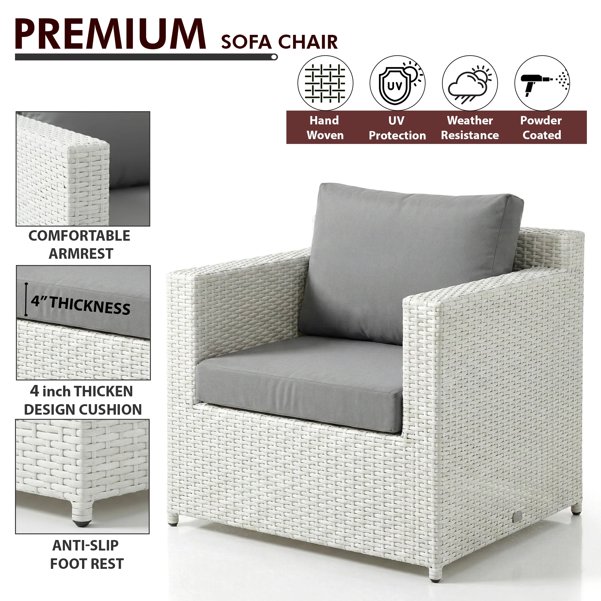 Nicholas Outdoor Sofa Set 3 Seater , 2 Single seater With Ottoman and 1 Center Table Set (White) - Image 7