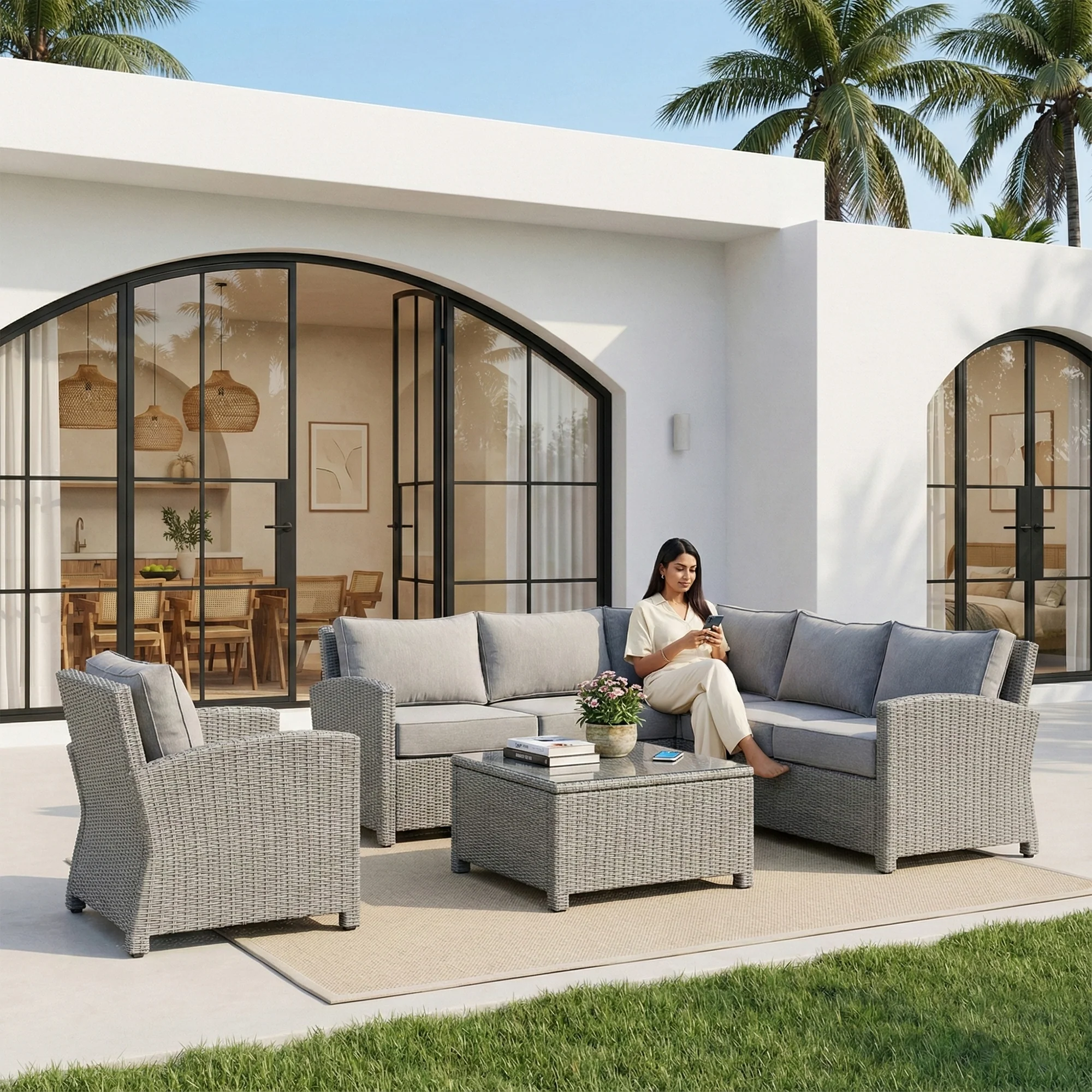Nimbia Outdoor Patio Sofa Set 6 Seater and 1 Table With 1 Ottoman Set (Grey)