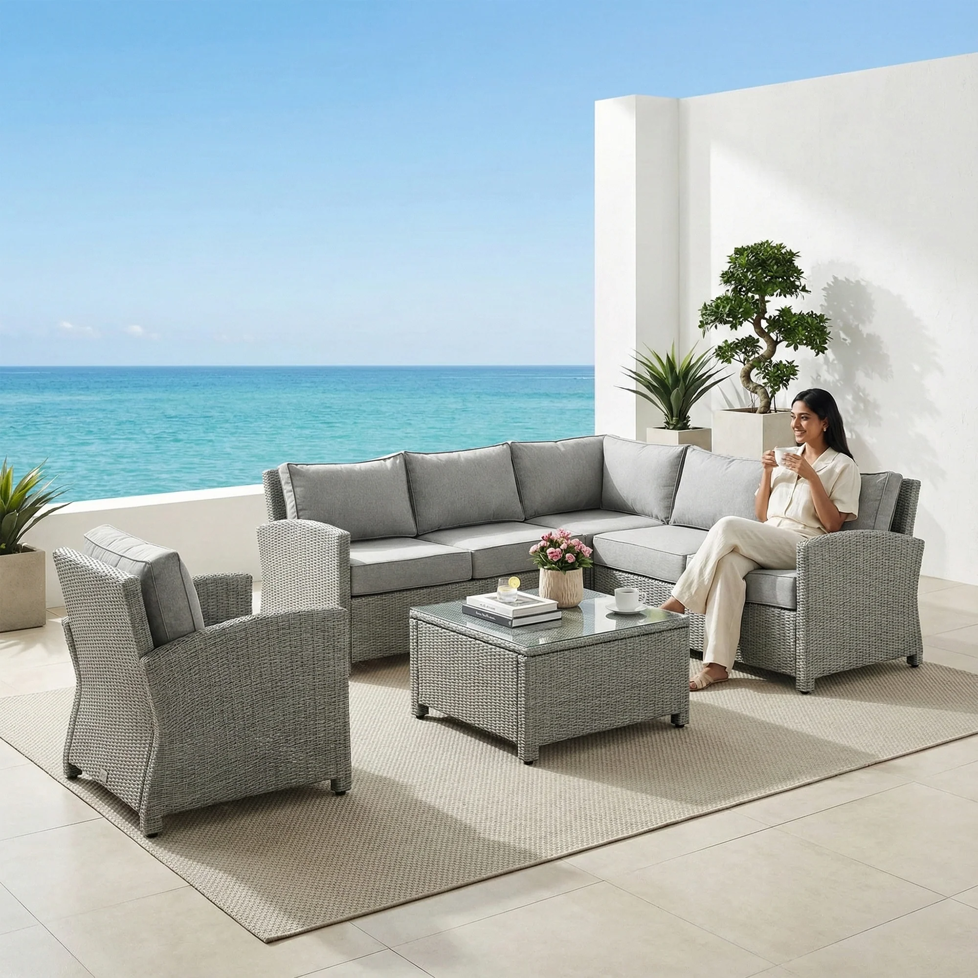 Nimbia Outdoor Patio Sofa Set 6 Seater and 1 Table With 1 Ottoman Set (Grey) - Image 3