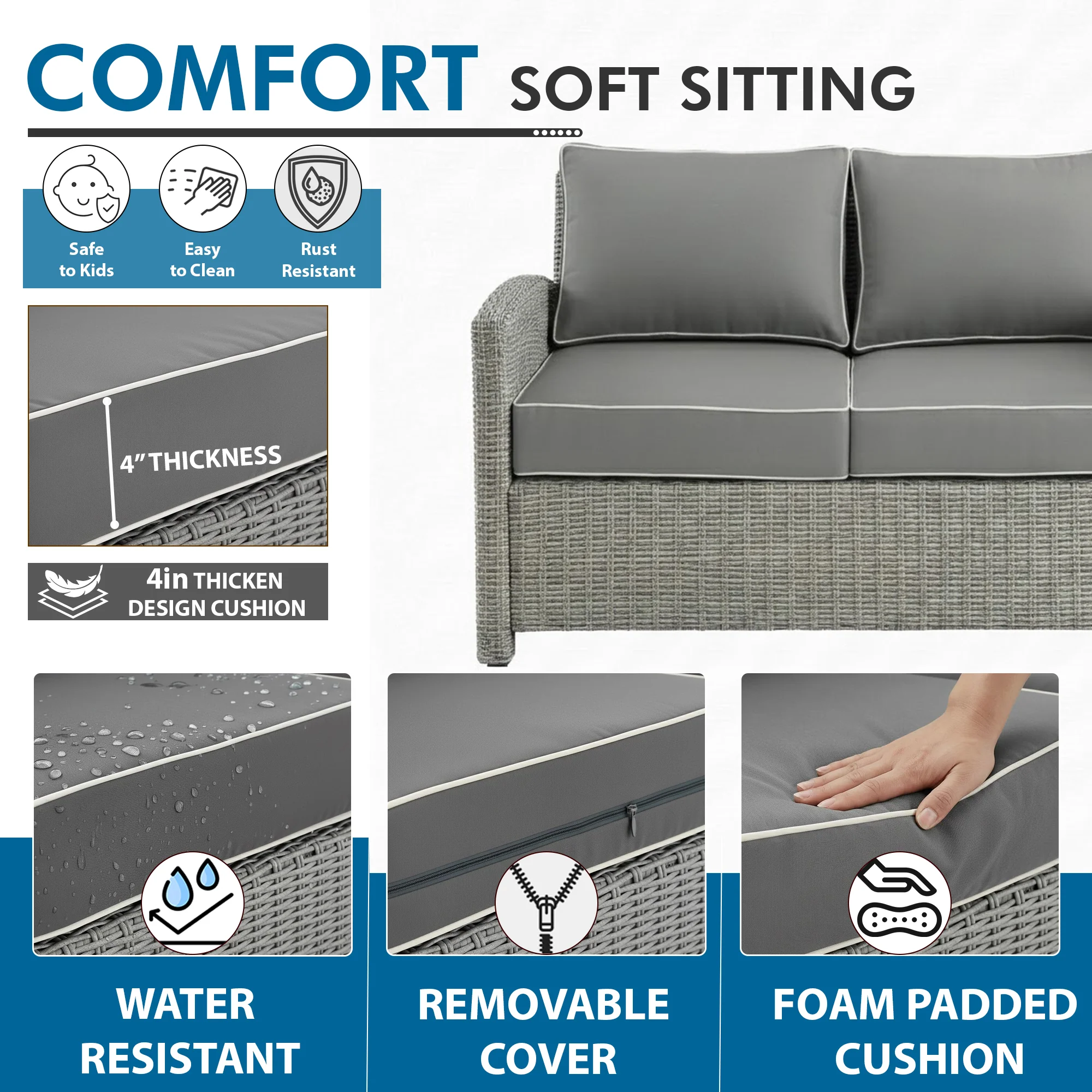 Nimbia Outdoor Patio Sofa Set 6 Seater and 1 Table With 1 Ottoman Set (Grey) - Image 4