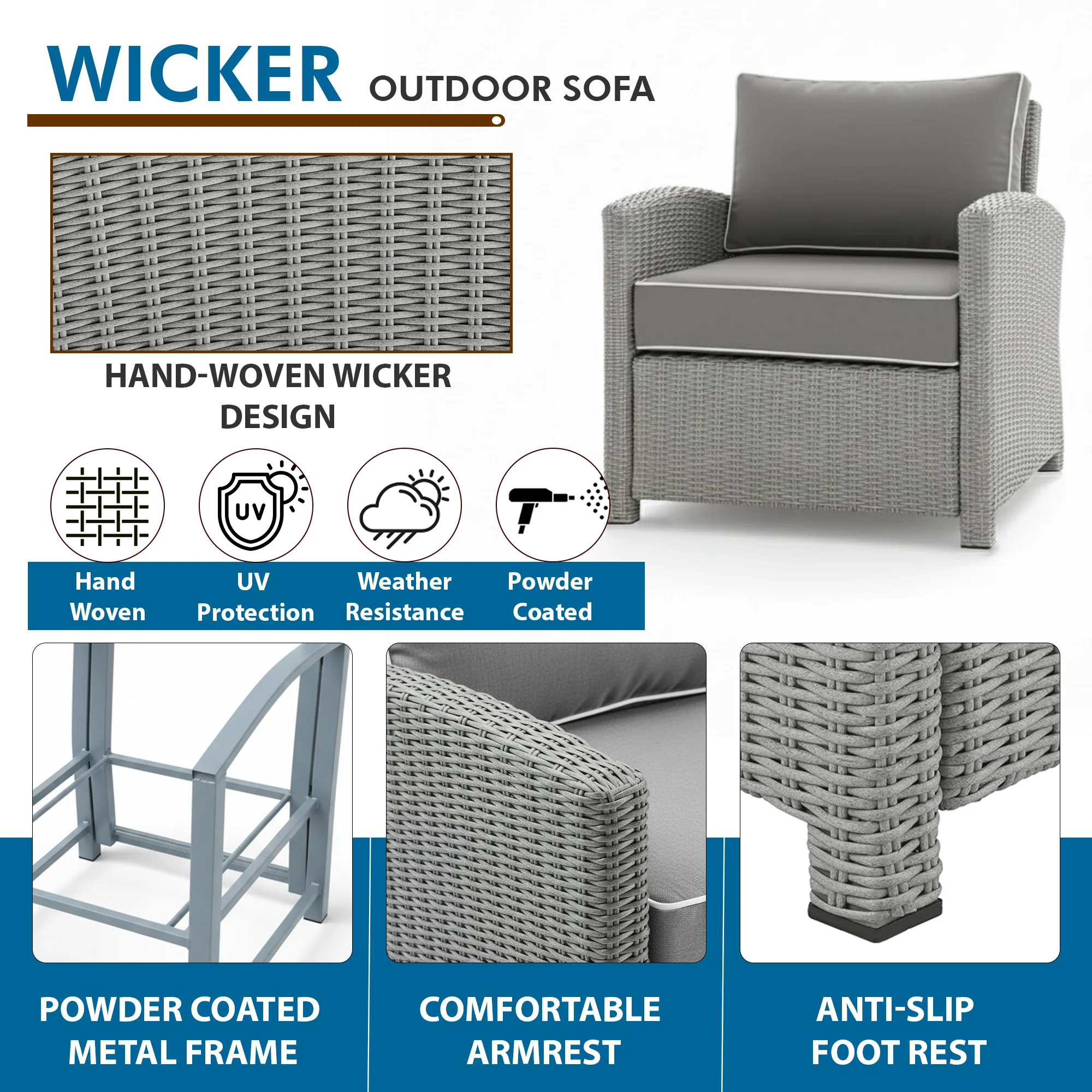 Nimbia Outdoor Patio Sofa Set 6 Seater and 1 Table With 1 Ottoman Set (Grey) - Image 5