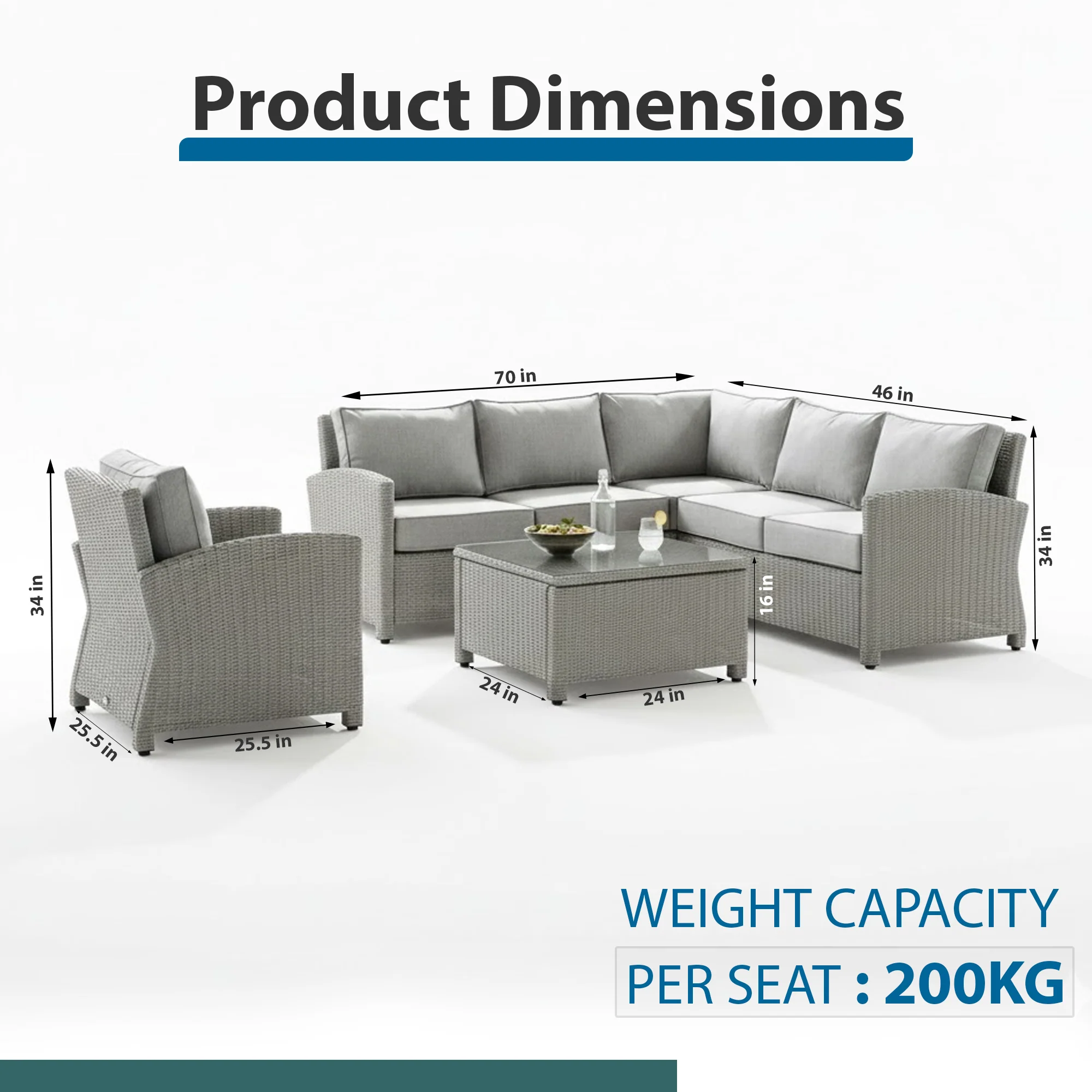 Nimbia Outdoor Patio Sofa Set 6 Seater and 1 Table With 1 Ottoman Set (Grey) - Image 8