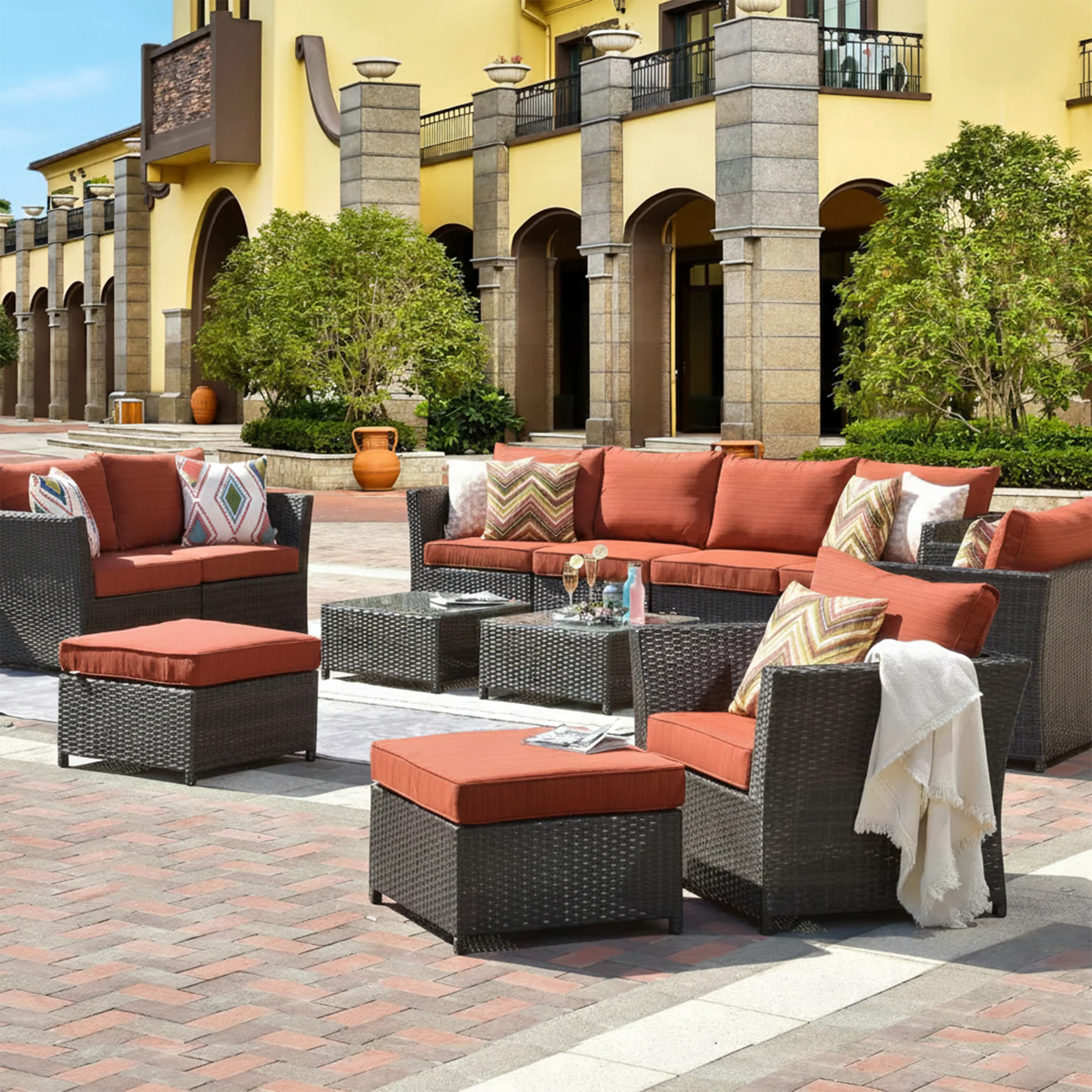 Nura Outdoor Garden Balcony Sofa Set  4 Seater, 2 seater,  2 Single Seater with 2 ottoman and 2 Center Table Set (Brown) - Image 10