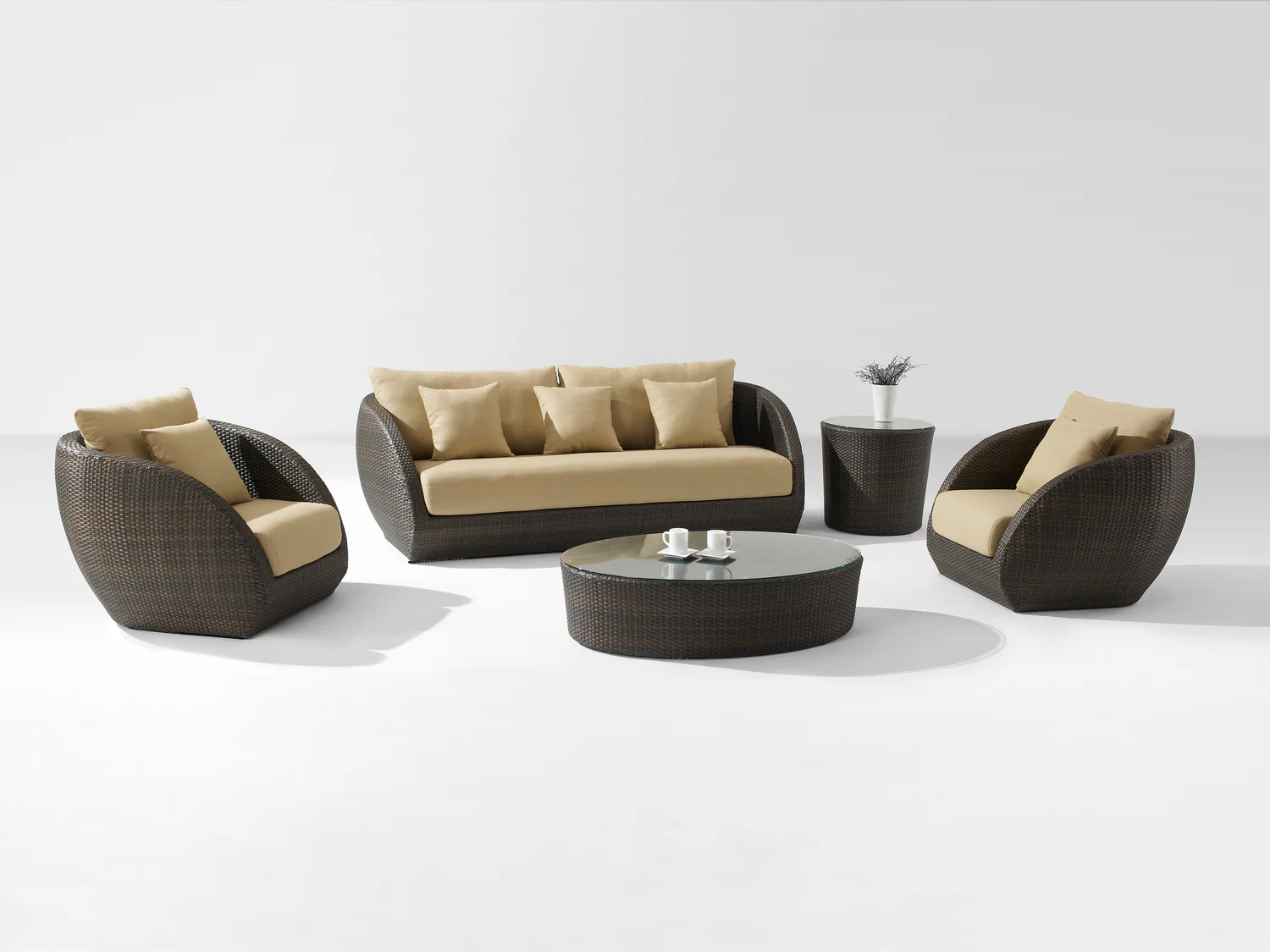 Zomera Outdoor Garden Balcony Sofa Set 3 Seater, 2 Single seater and 1 Center Table With Side Table Set (Brown)