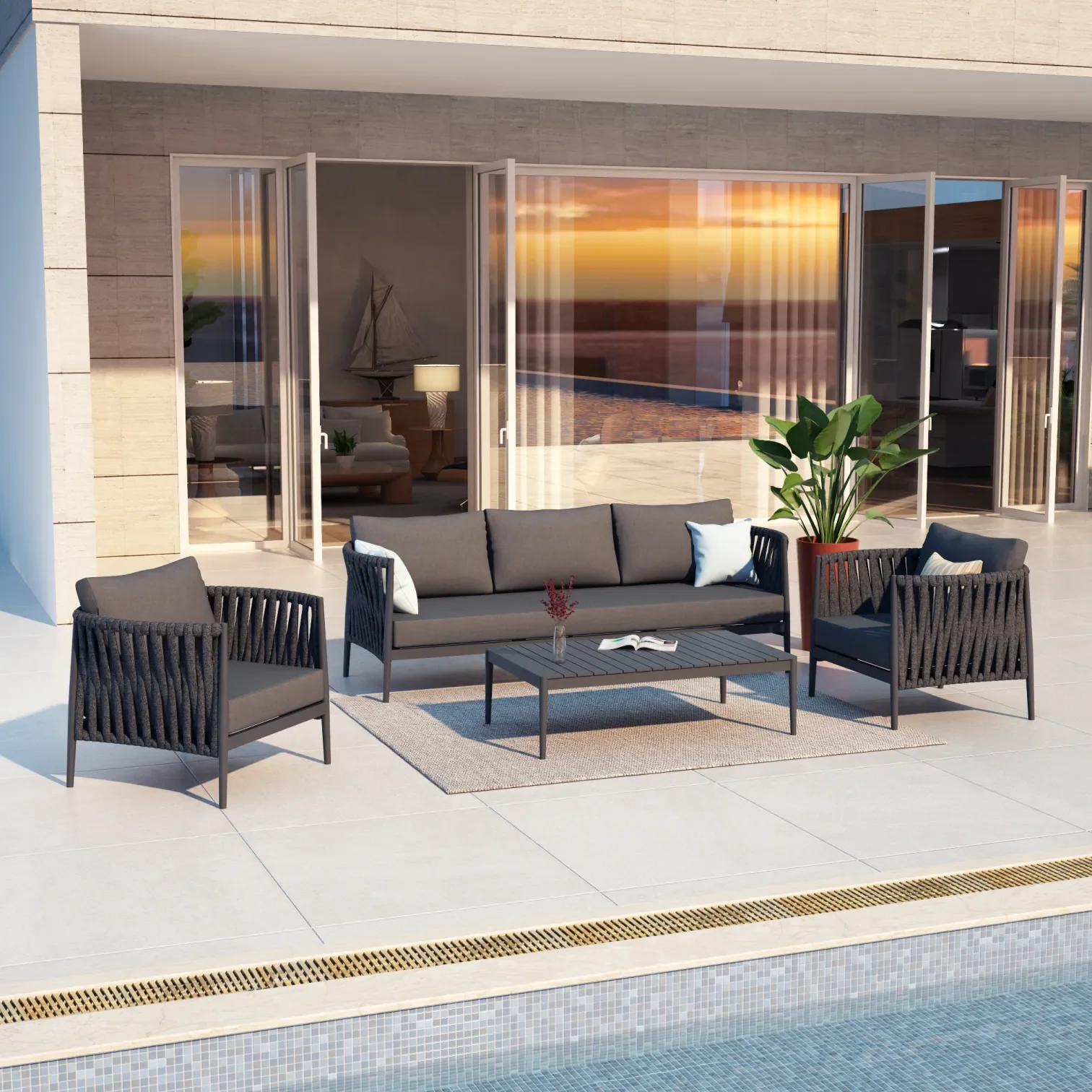 Pablo Outdoor Garden Balcony Sofa Set 3 Seater, 2 Single seater and 1 Table Set Braid & Rope (Dark Grey) - Image 2