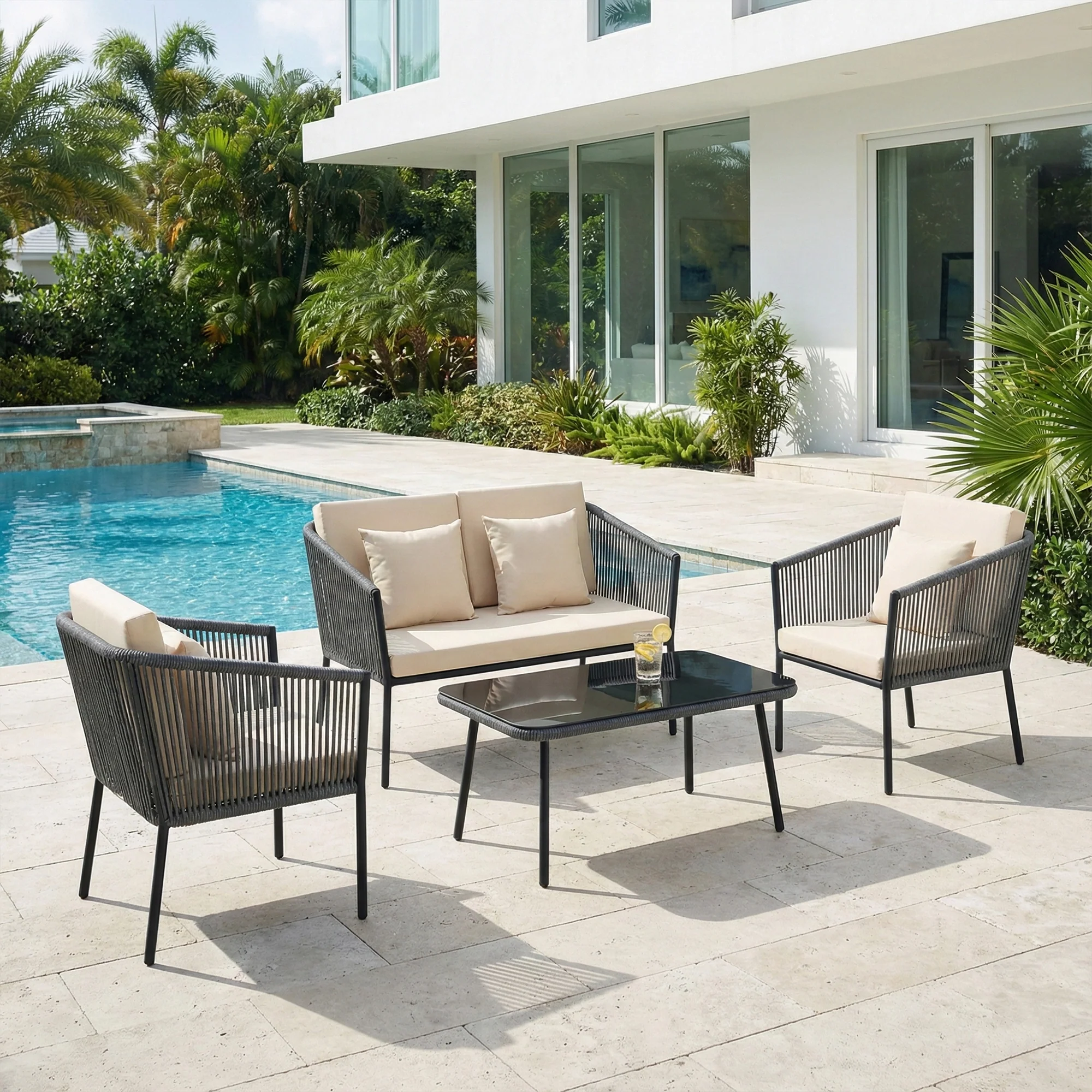 Parna Outdoor Garden Balcony Sofa Set 2 Seater , 2 Single Seater 1 Center Table Set Braided and Rope - Image 4