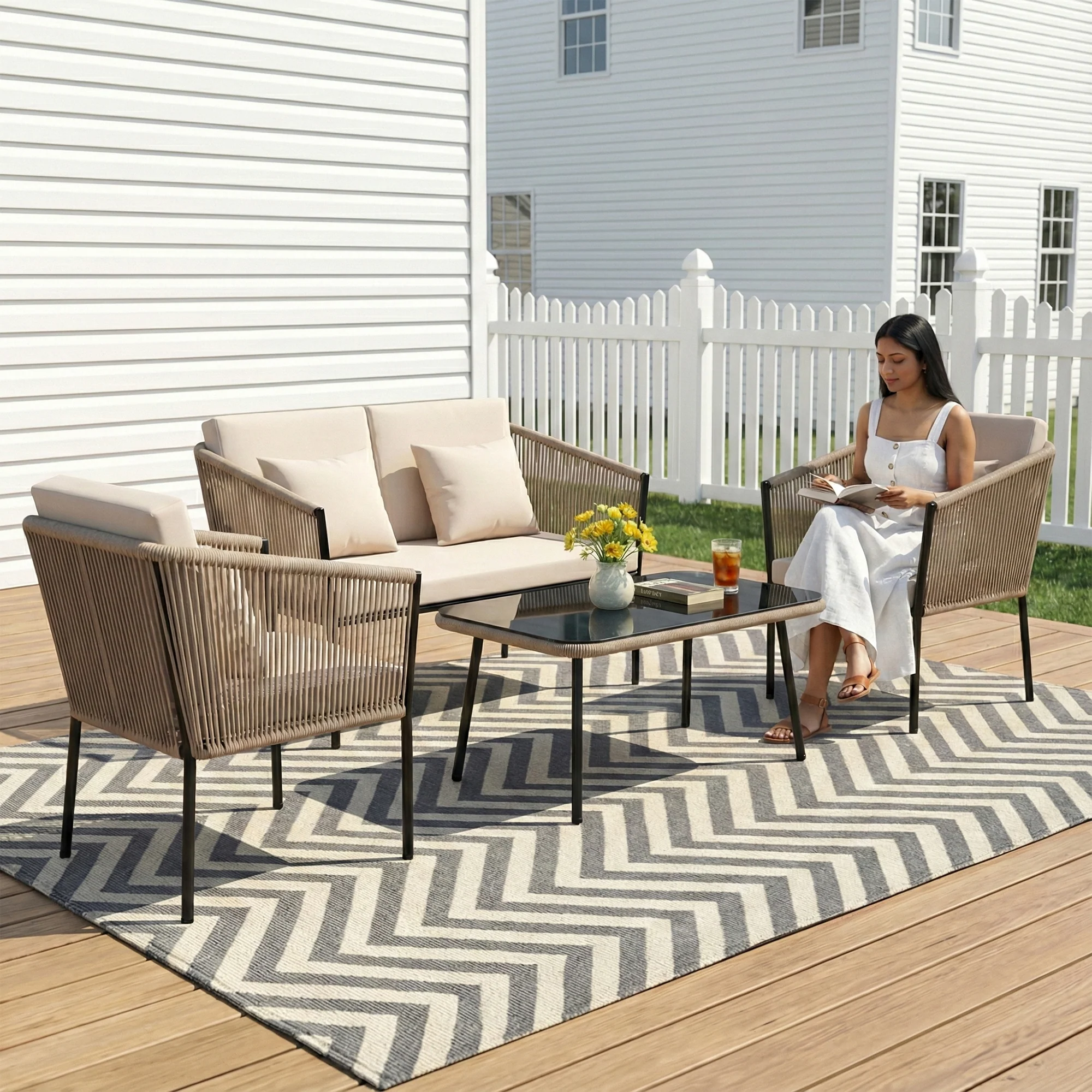 Parna Outdoor Garden Balcony Sofa Set 2 Seater , 2 Single Seater 1 Center Table Set Braided and Rope - Image 5