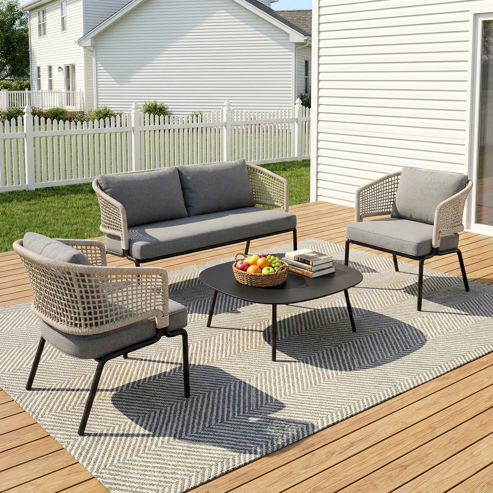 Perola Outdoor Garden Balcony Sofa Set 2 Seater , 2 Single Seater 1 Center Table Set (Grey) Braided and Rope - Image 3