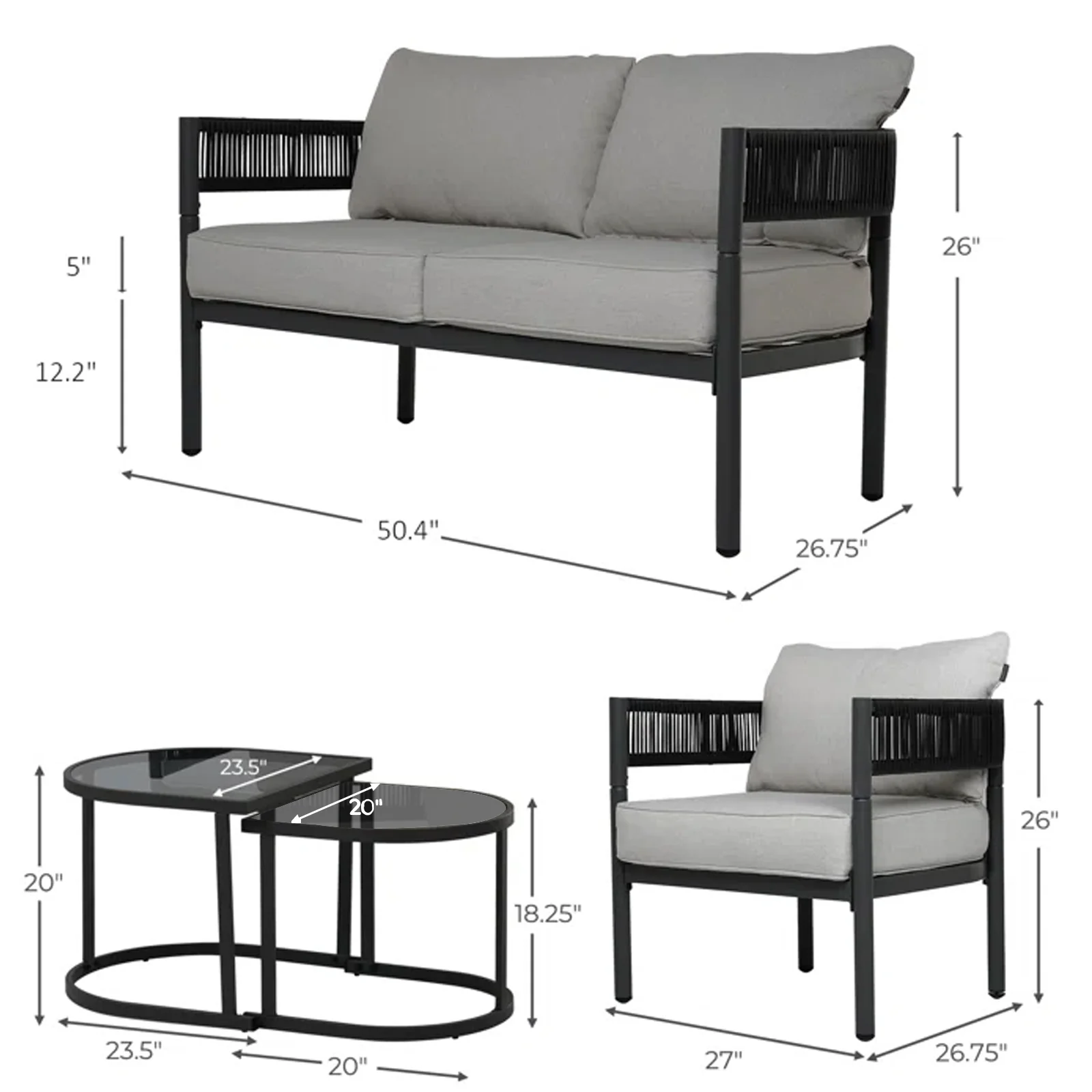 Perpetua Outdoor Sofa Set 2 Seater, 2 Single seater and 1 Center Table (Black) - Image 6