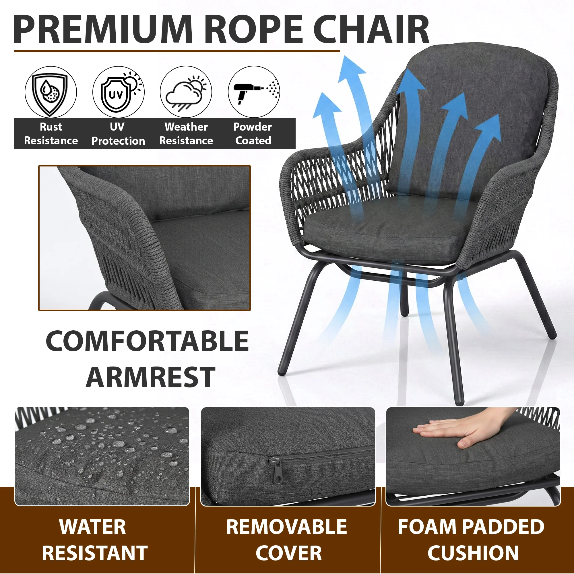 Pillar Outdoor Patio Seating Set 2 Chairs and 1 Table Set (Dark Grey) Braided & Rope - Image 5