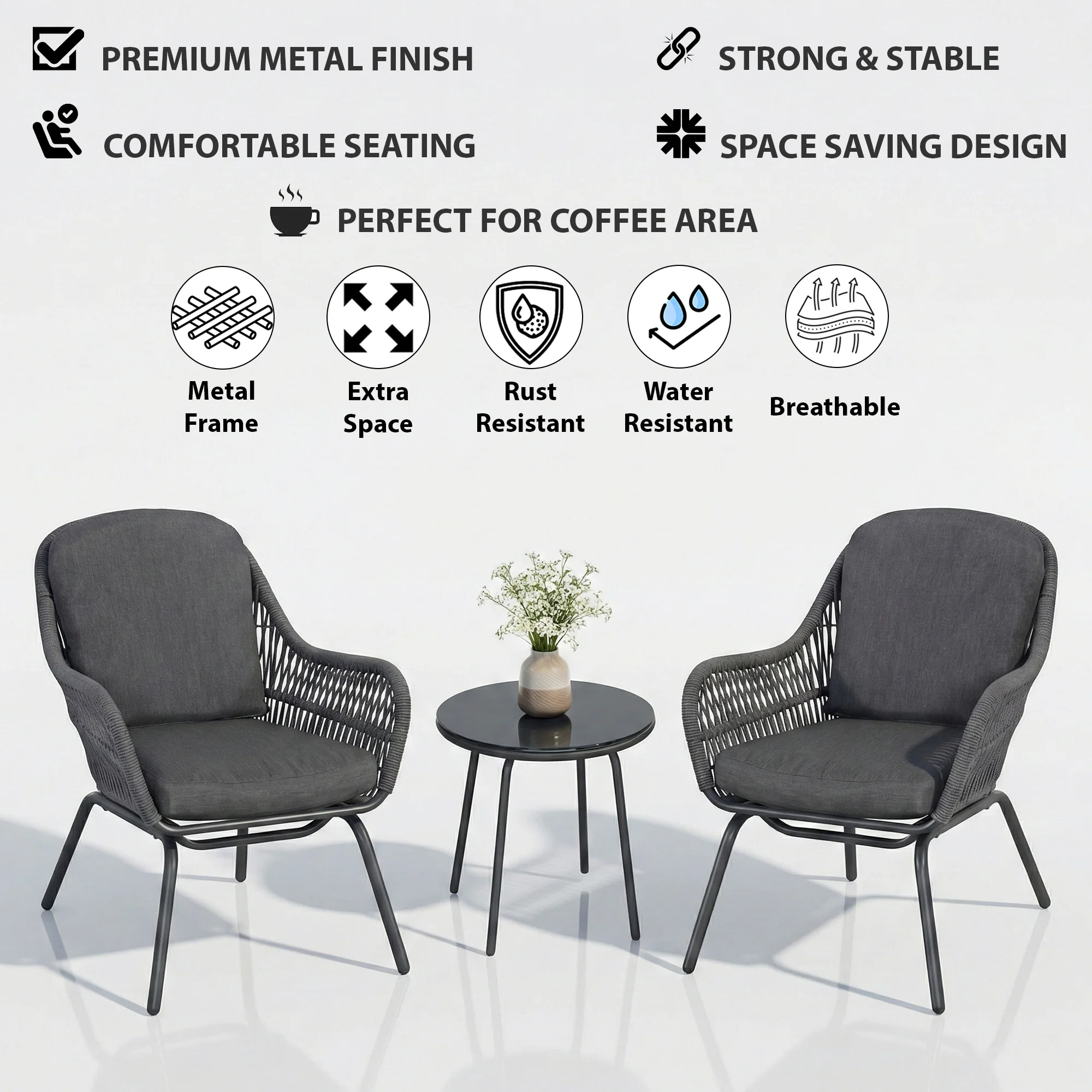 Pillar Outdoor Patio Seating Set 2 Chairs and 1 Table Set (Dark Grey) Braided & Rope - Image 7