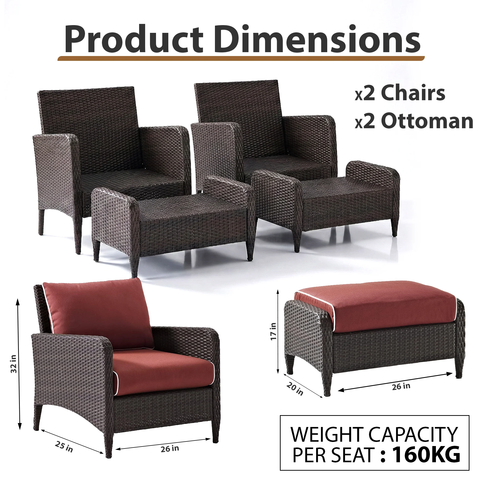 Propria Outdoor Sofa Set  2 Single seater with 2 ottoman  (Brown) - Image 3