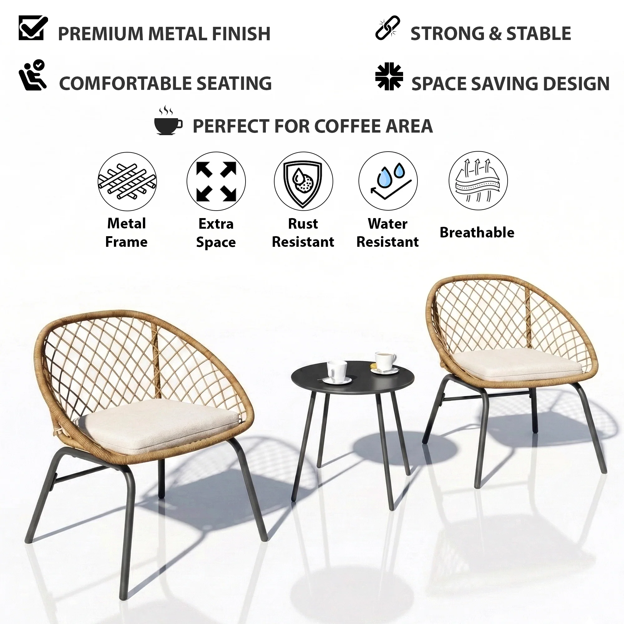 Pyros Outdoor Patio Seating Set 2 Chairs and 1 Table Set (Beige) - Image 6