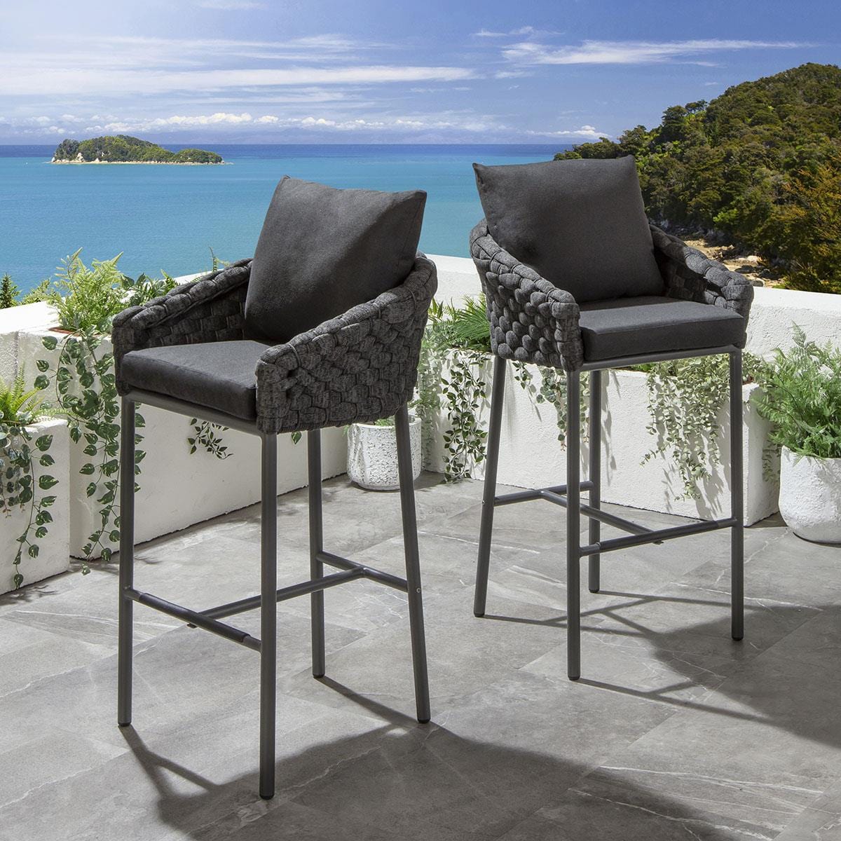 Roque Outdoor Patio Bar Set 4 Chairs and 1 Table Set (Black) Braided & Rope - Image 2
