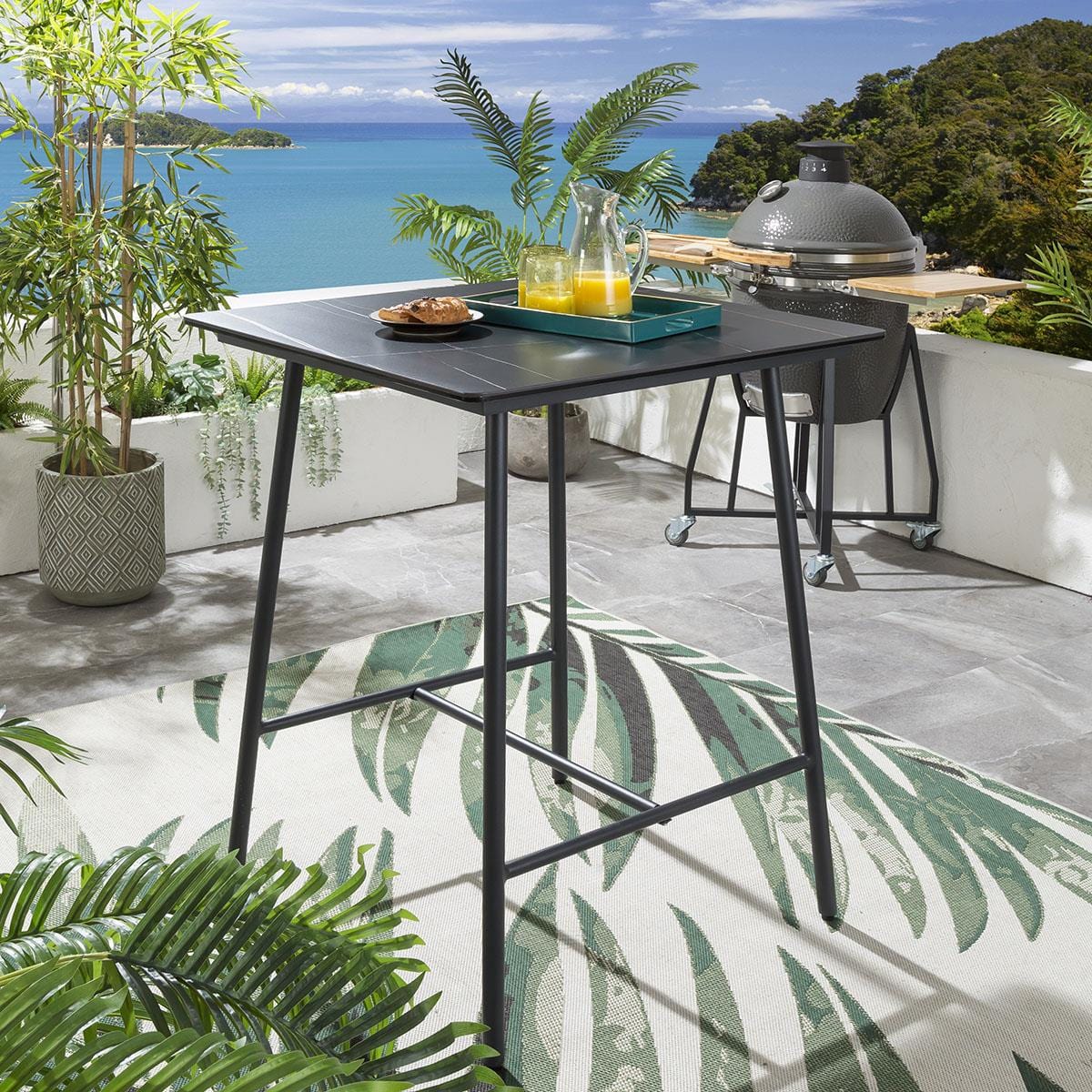 Roque Outdoor Patio Bar Set 4 Chairs and 1 Table Set (Black) Braided & Rope - Image 3