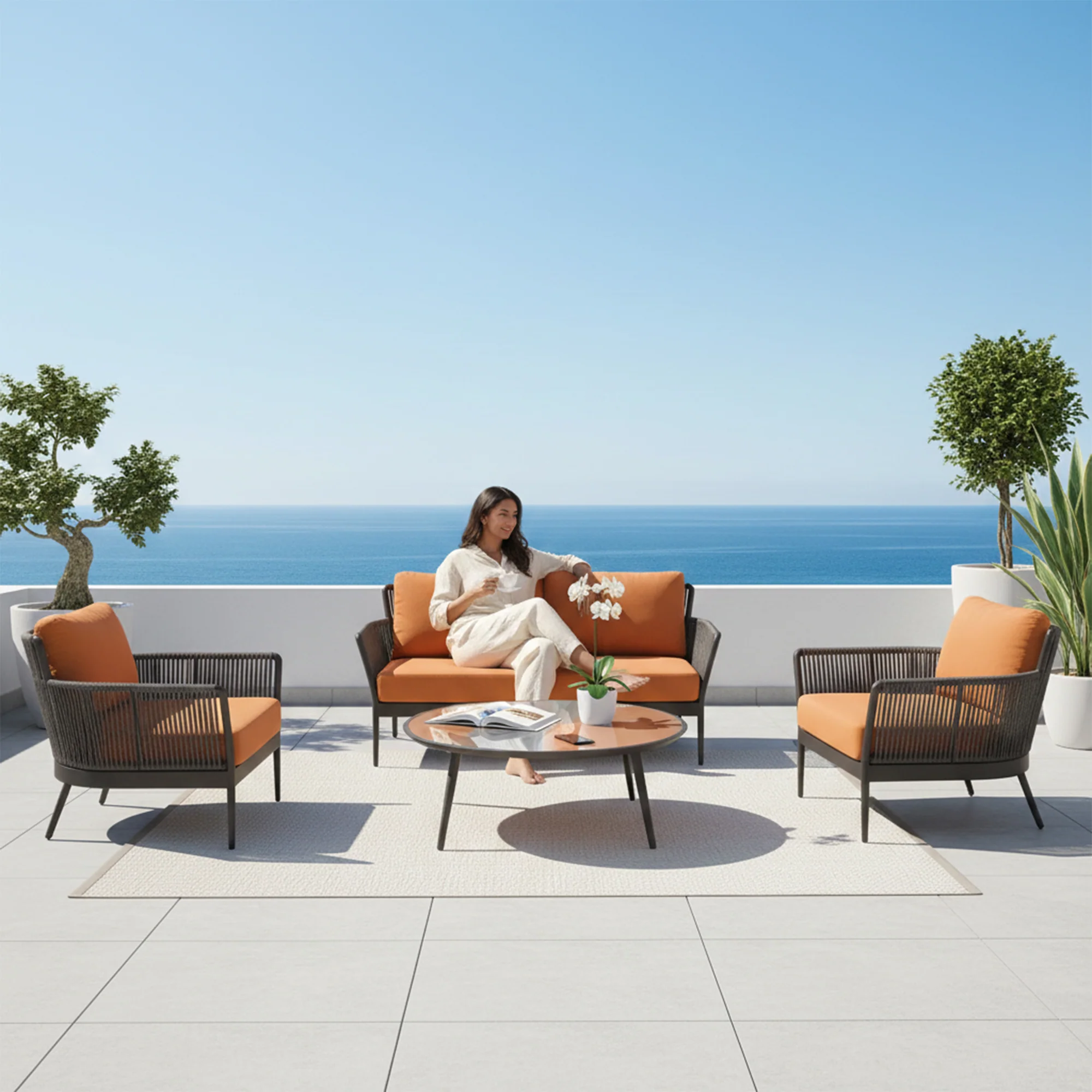 Rua Outdoor Garden Balcony Sofa Set 2 Seater , 2 Single Seater 1 Center Table Set (Dark Grey) Braided and Rope - Image 10