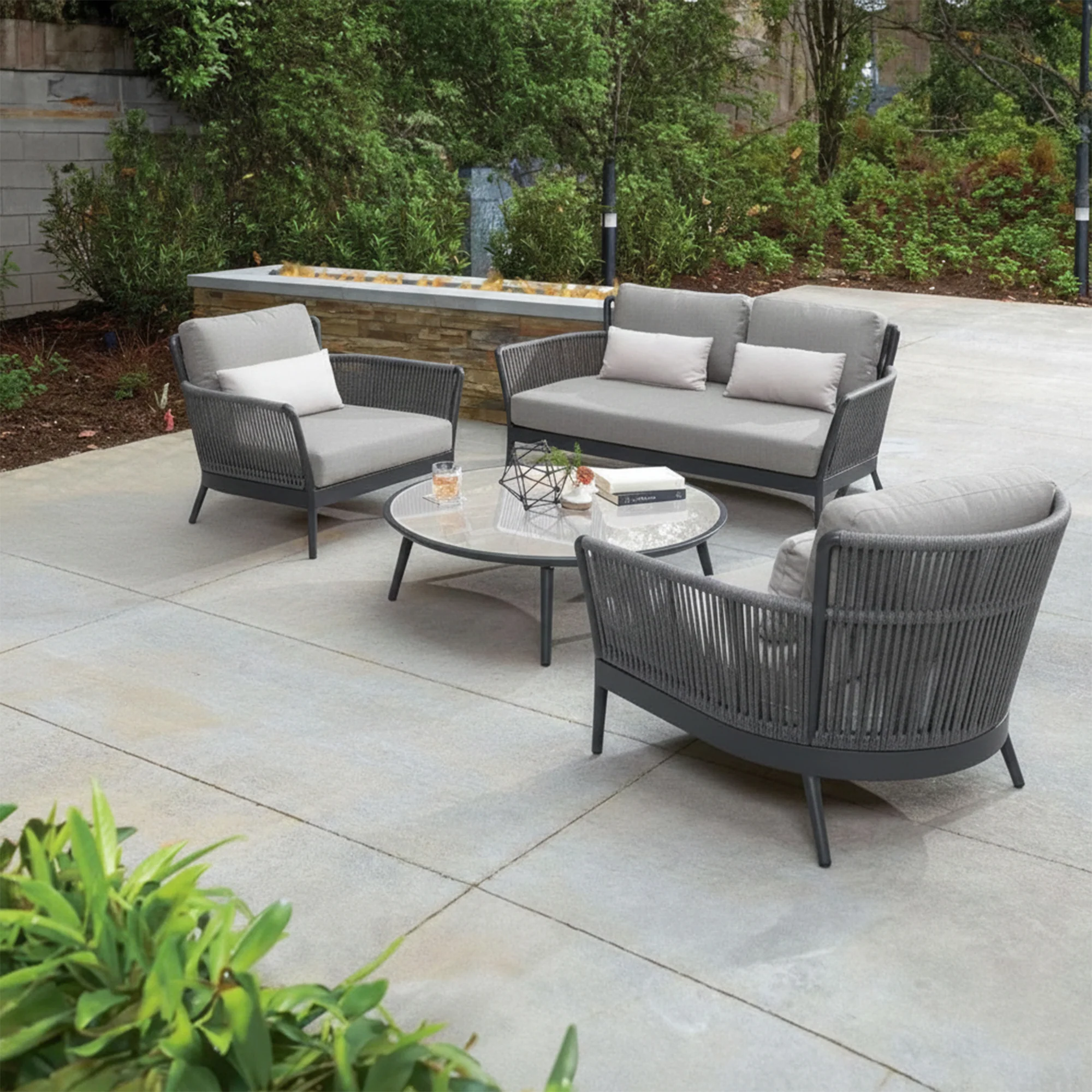 Rua Outdoor Garden Balcony Sofa Set 2 Seater , 2 Single Seater 1 Center Table Set (Dark Grey) Braided and Rope - Image 2