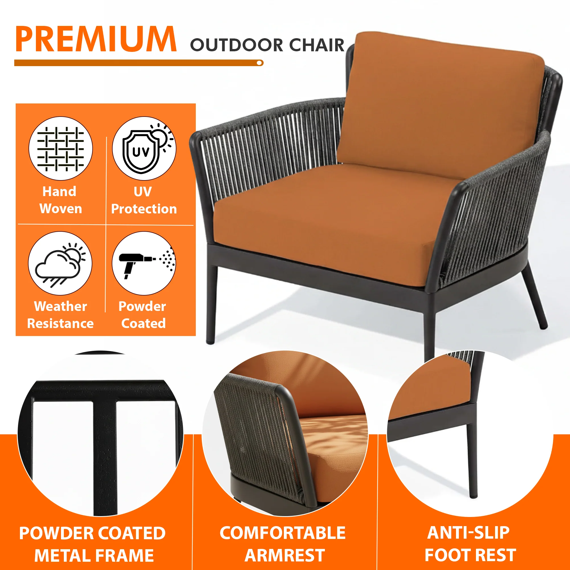 Rua Outdoor Garden Balcony Sofa Set 2 Seater , 2 Single Seater 1 Center Table Set (Dark Grey) Braided and Rope - Image 5
