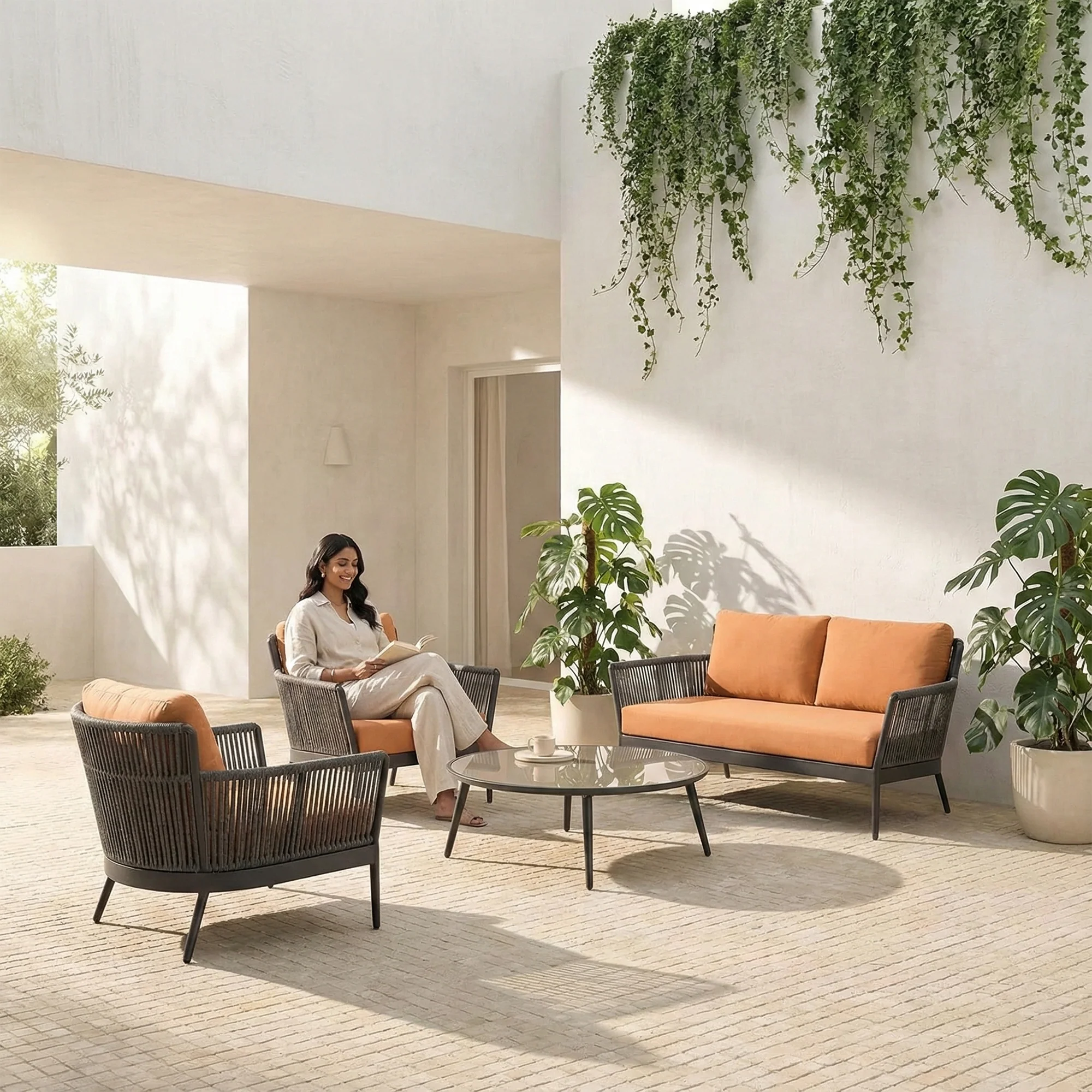 Rua Outdoor Garden Balcony Sofa Set 2 Seater , 2 Single Seater 1 Center Table Set (Dark Grey) Braided and Rope - Image 9