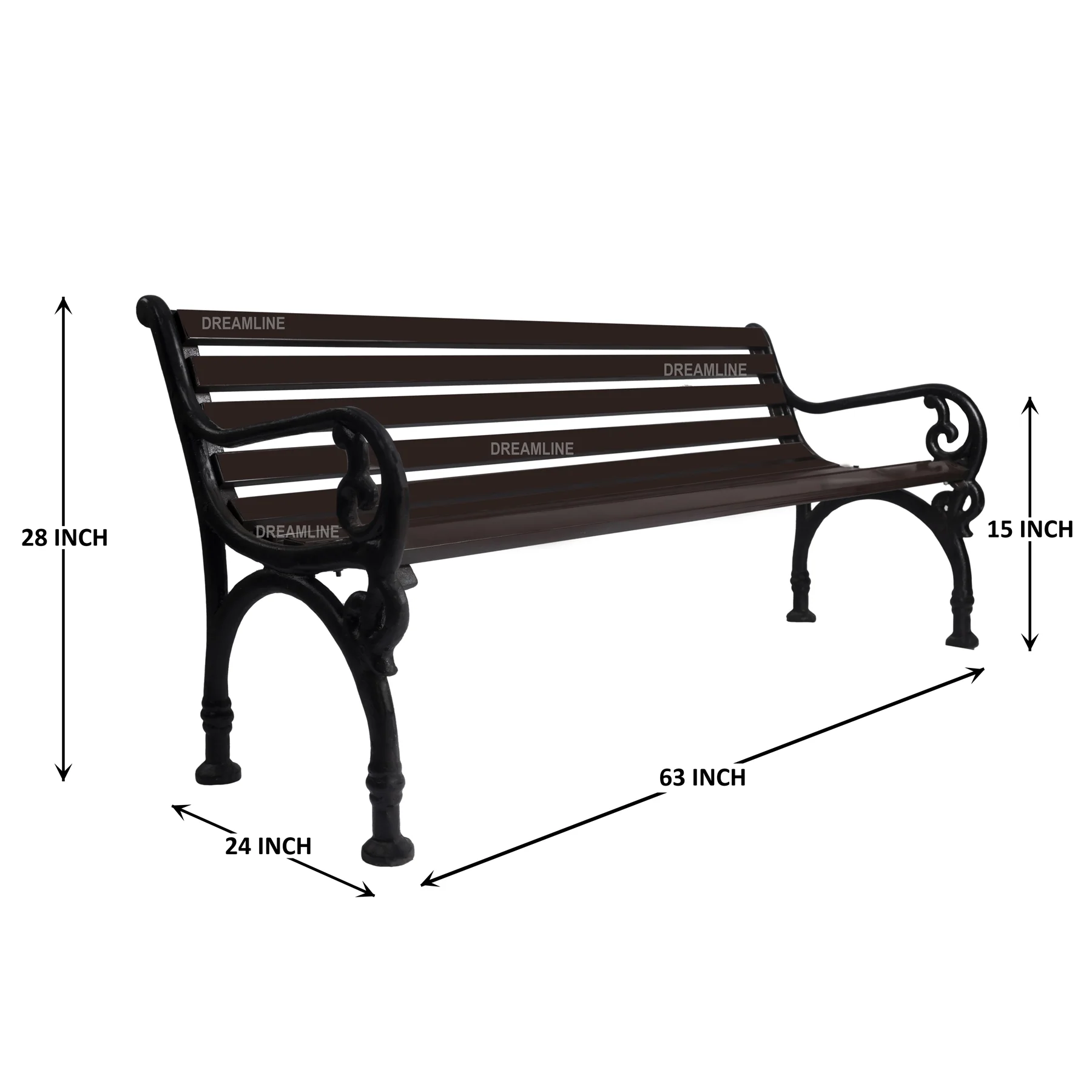 Ruben Cast Iron 3 Seater Garden Bench for Outdoor Park - (Brown) - Image 6