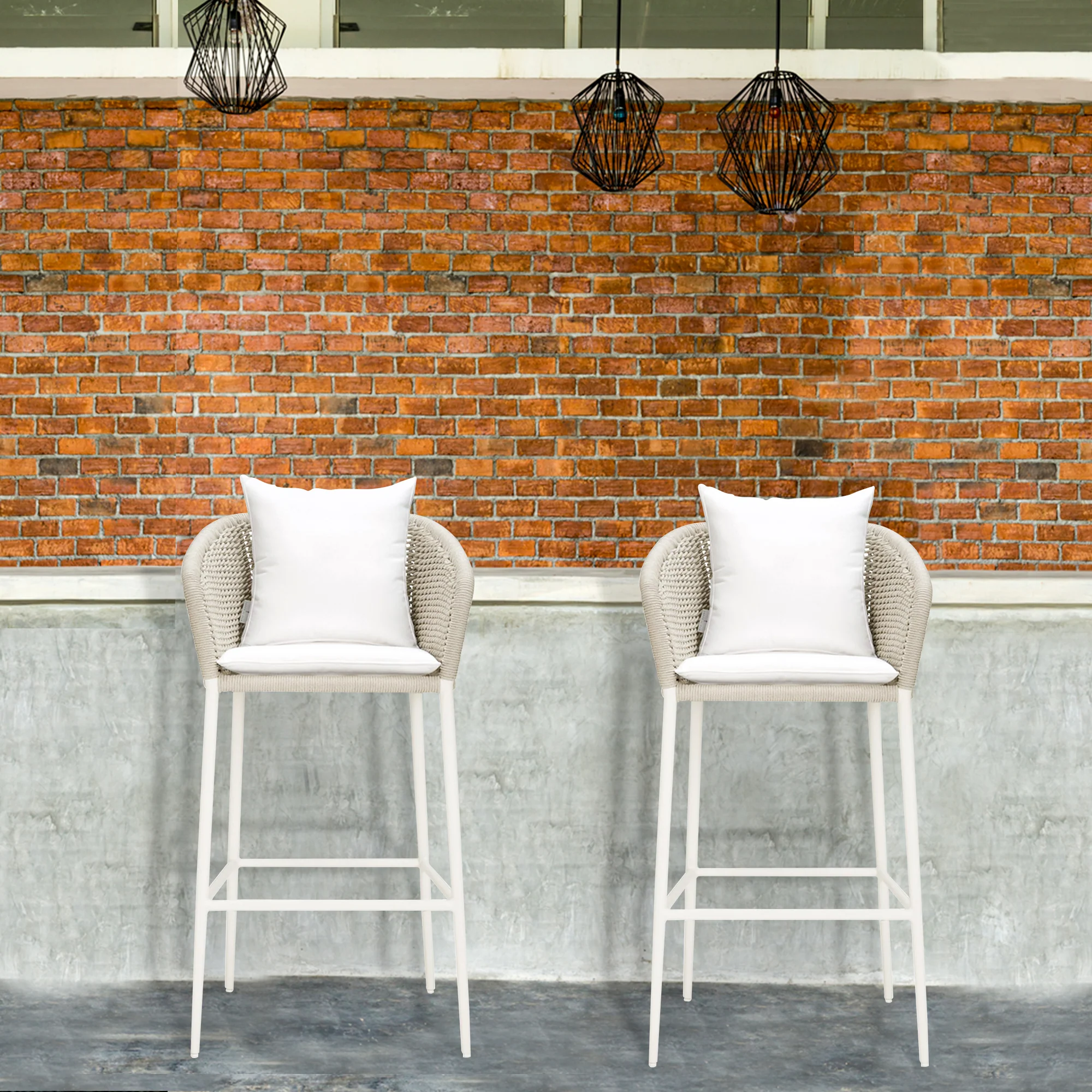 Sezgin Outdoor Patio Bar Chair 2 Chair For Balcony Braided & Rope (Ivory)