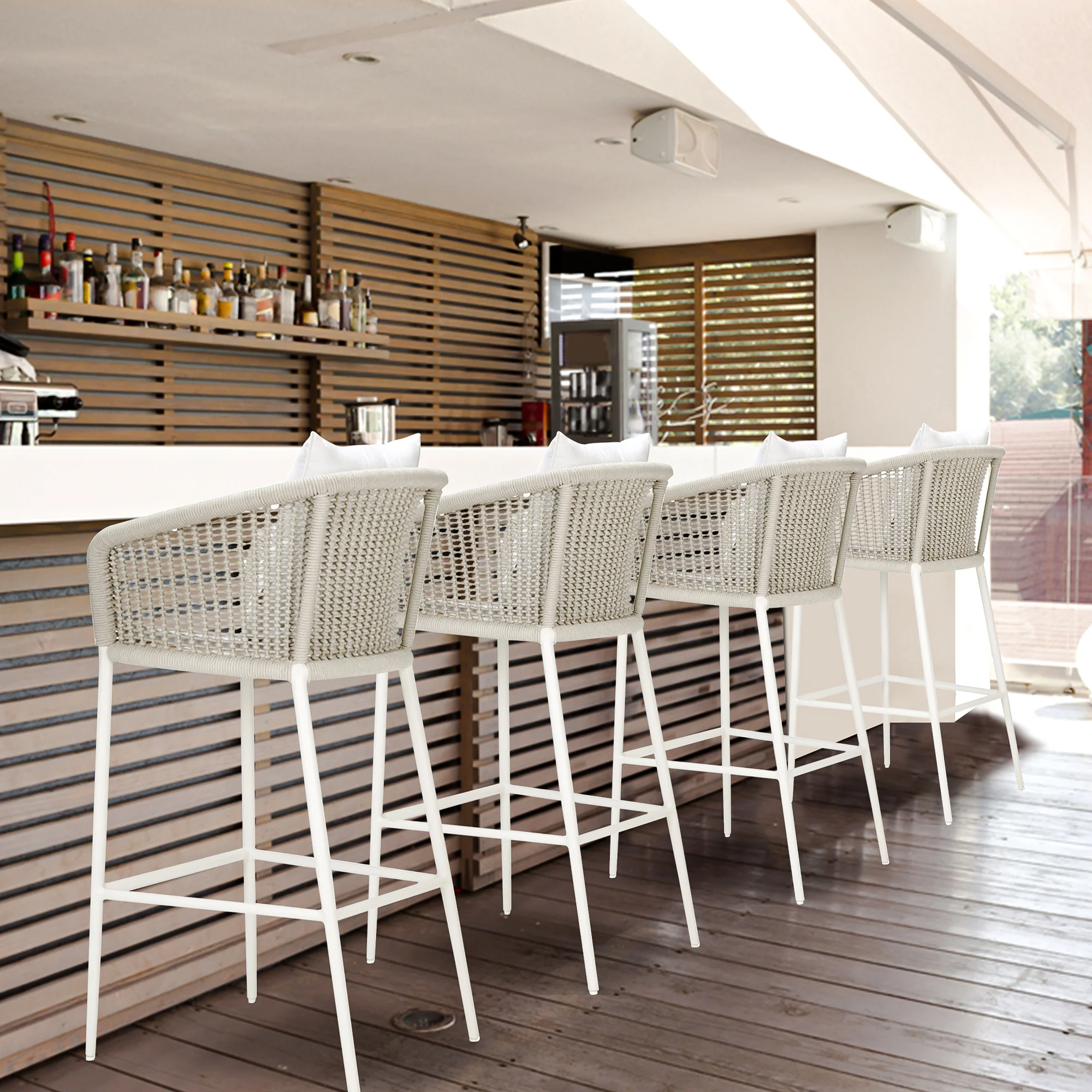 Sezgin Outdoor Patio Bar Chair 2 Chair For Balcony Braided & Rope (Ivory) - Image 2