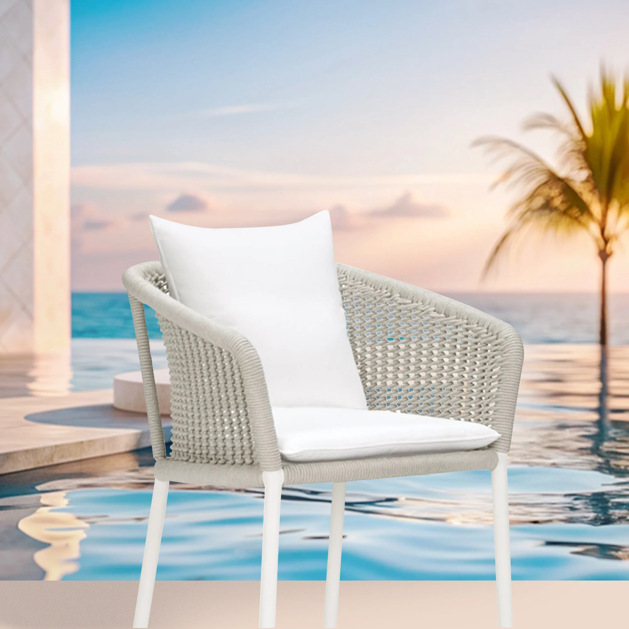 Sezgin Outdoor Patio Bar Chair 2 Chair For Balcony Braided & Rope (Ivory) - Image 3