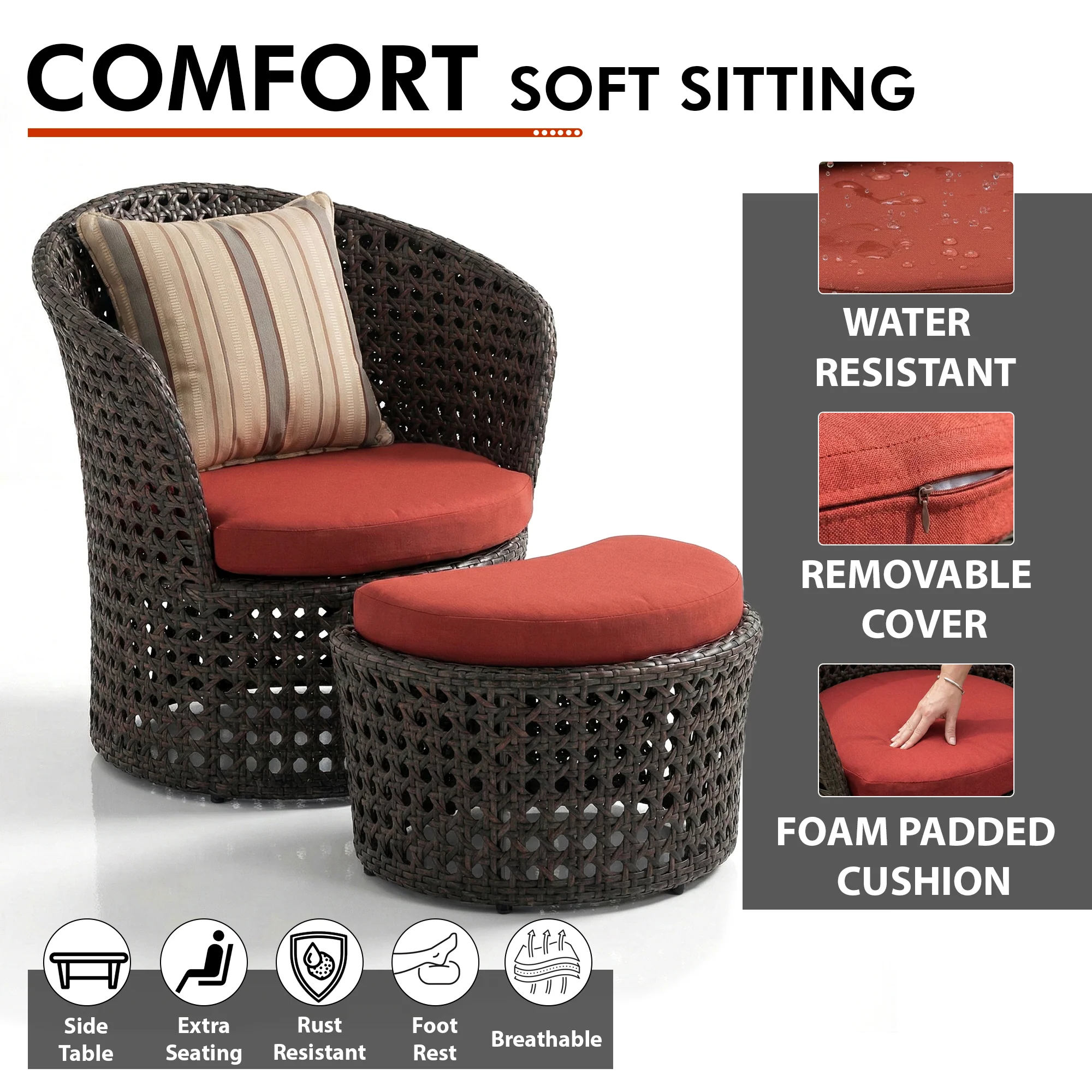 Sinato Outdoor Patio Seating Set 2 Chair with 2 ottoman and 1 Table Set (Brown) - Image 4
