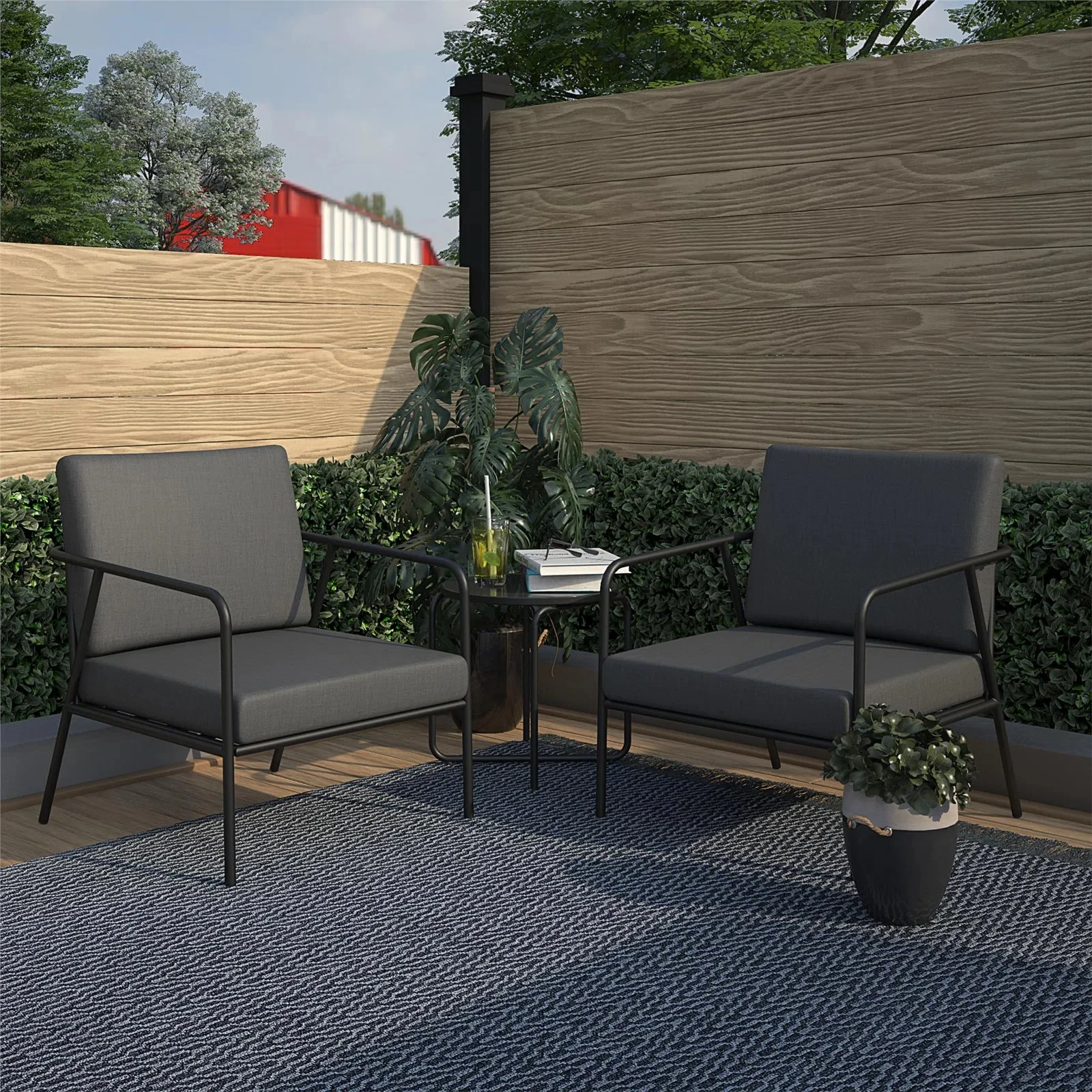 Sleety Outdoor Patio Seating Set 2 Chairs and 1 Table Set (Dark Grey)